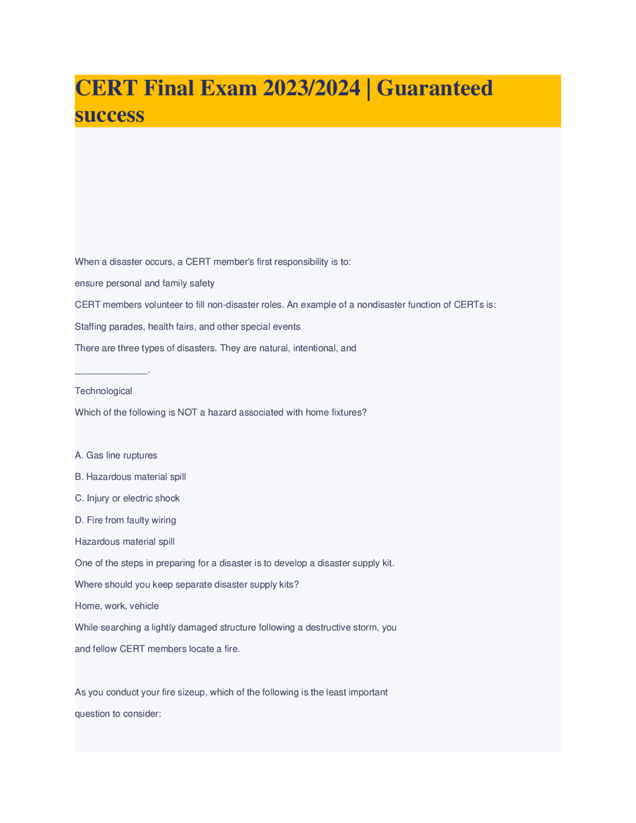CERT Final Exam 2023/2024: Disaster Preparedness and Response | Exams ...