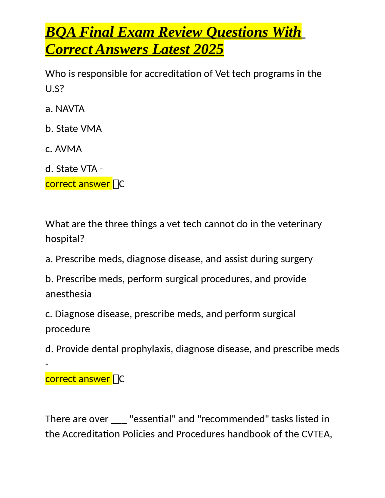Bavq R Questions BQA Final Exam Review Questions With Correct Answers Latest 2025 ...