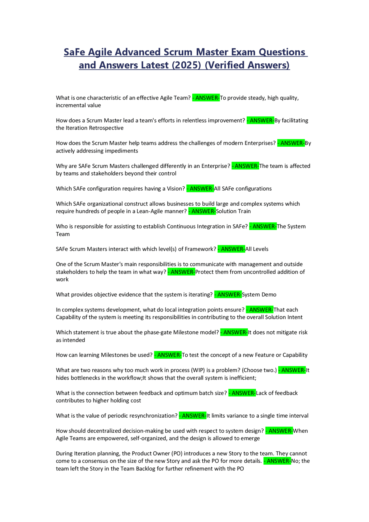 SAFe Agile Advanced Scrum Master Exam Questions and Answers | Exams ...