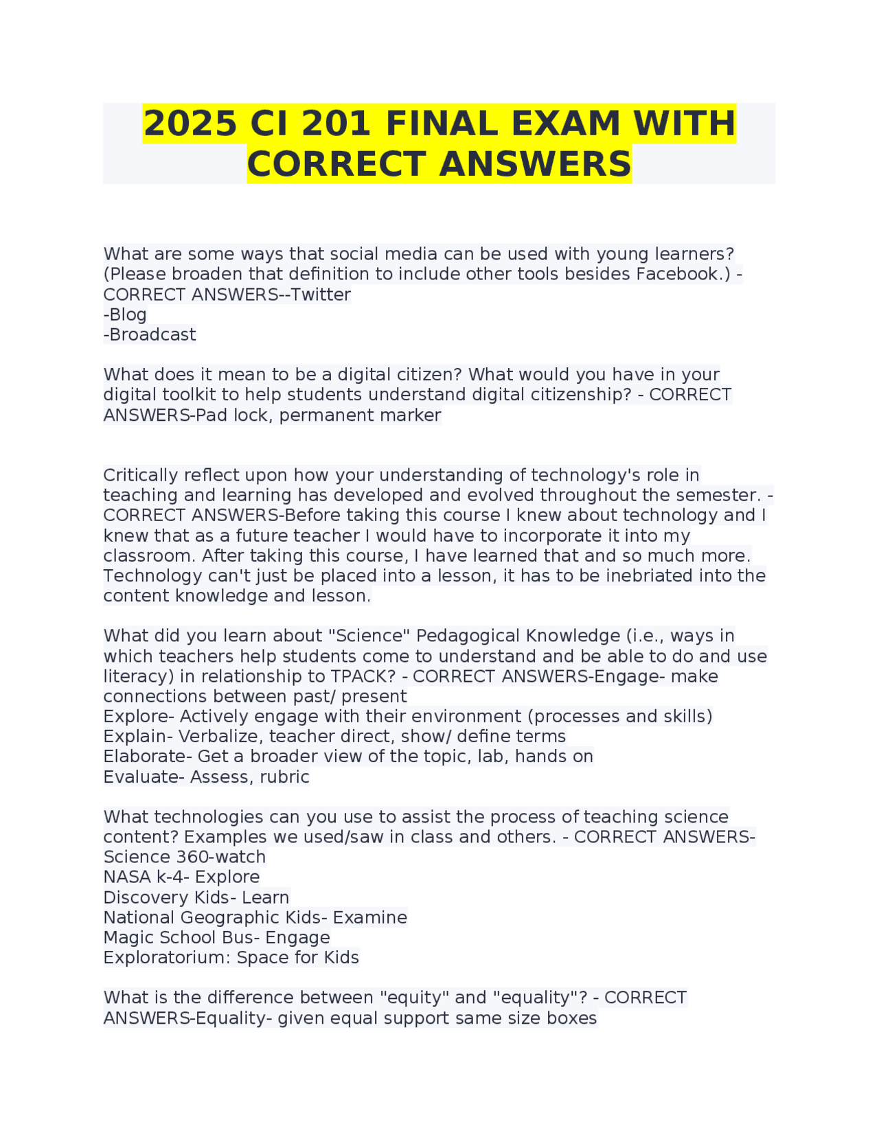 2025 CI 201 FINAL EXAM WITH CORRECT ANSWERS | Exams Advanced Education ...