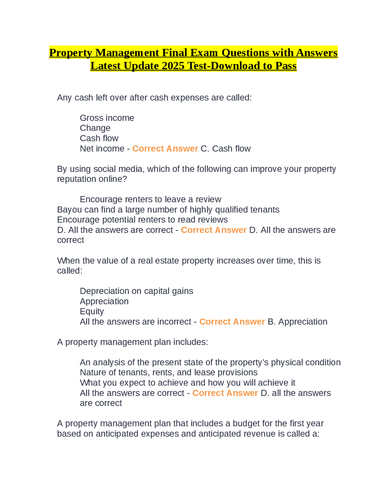 Property Management Final Exam Questions with Answers Latest Update ...