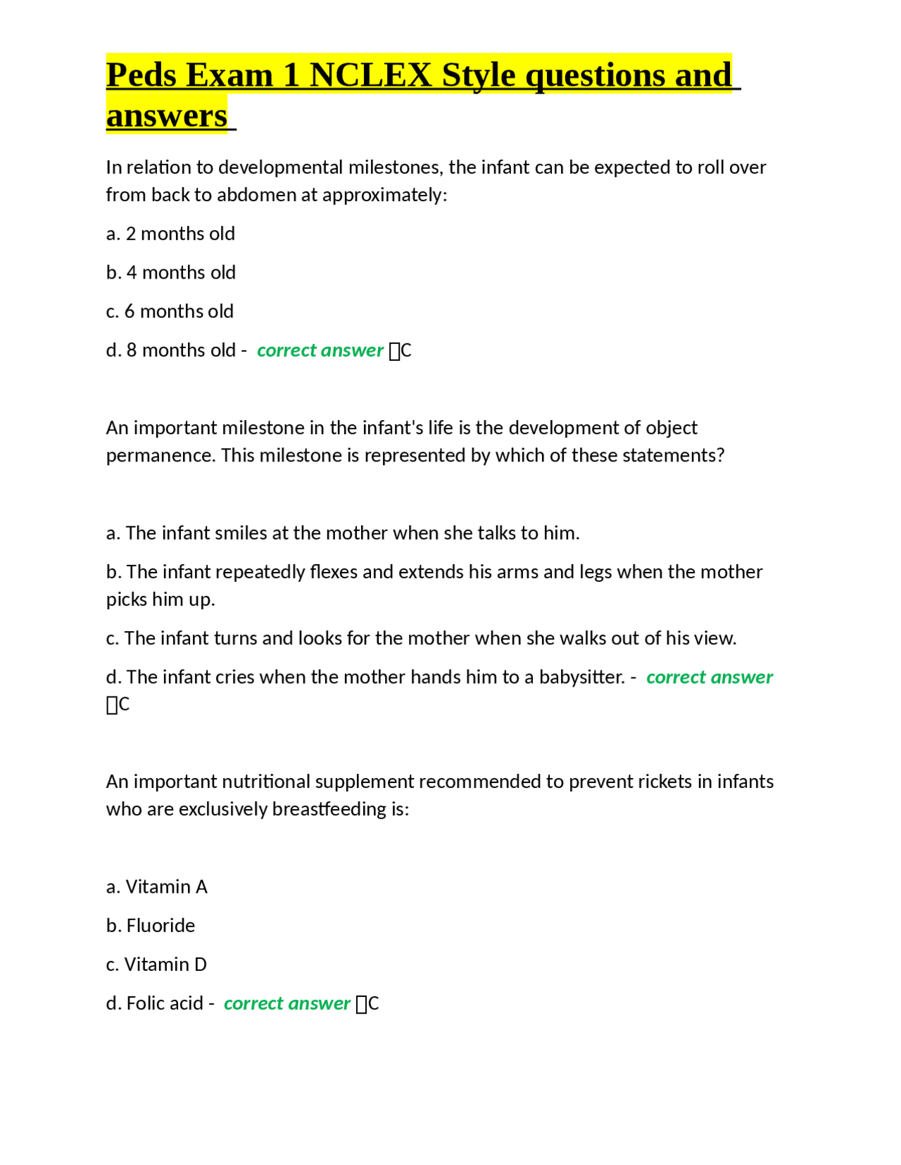 Pediatric Development: NCLEX-Style Questions and Answers | Exams ...