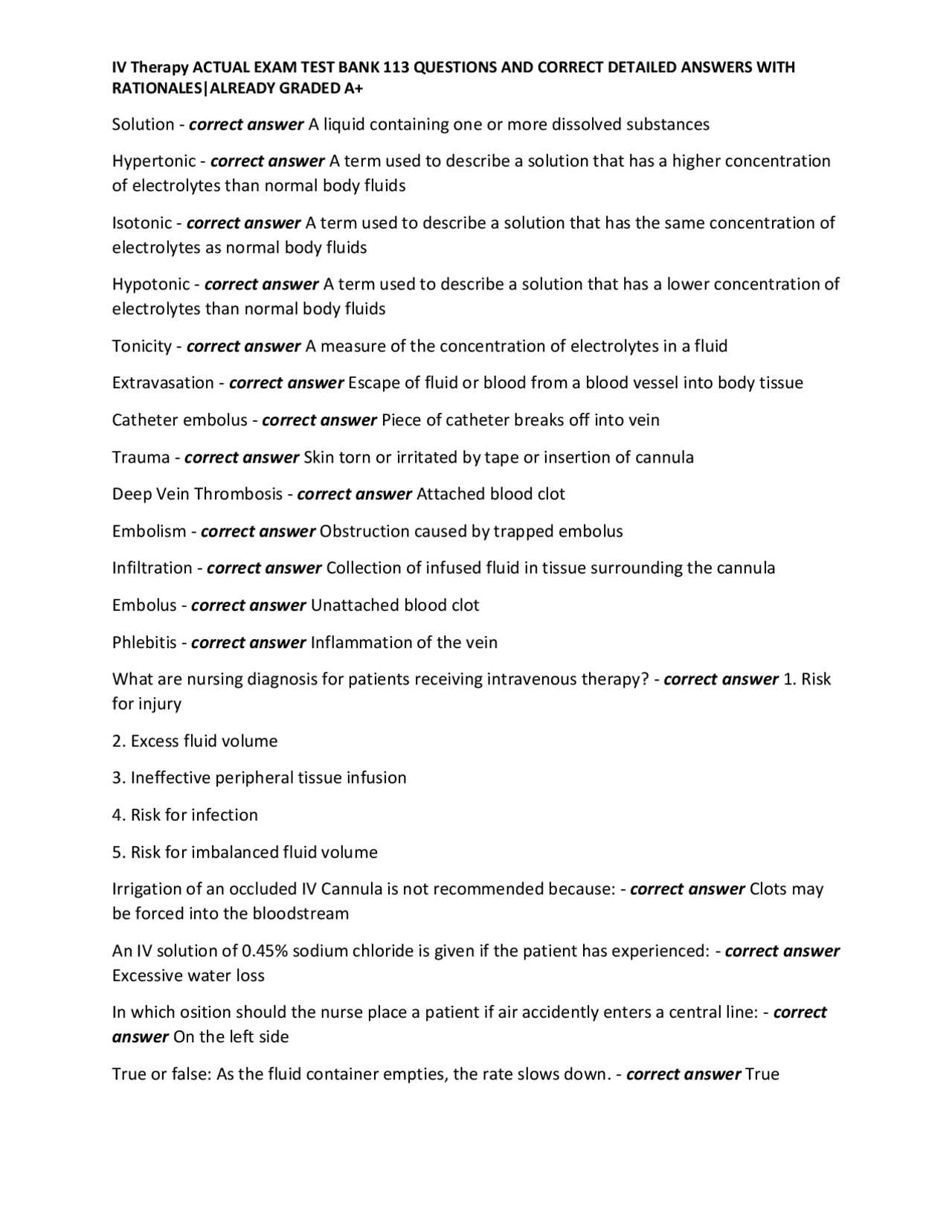 IV Therapy Exam Test Bank: 113 Questions and Answers with Rationales ...