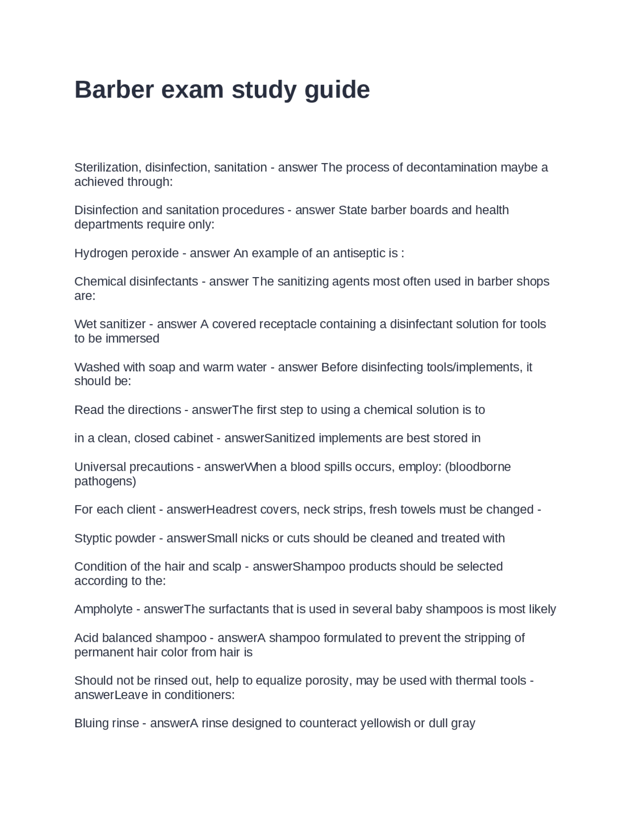 Barber exam study guide Questions and Answers | Exams Advanced ...