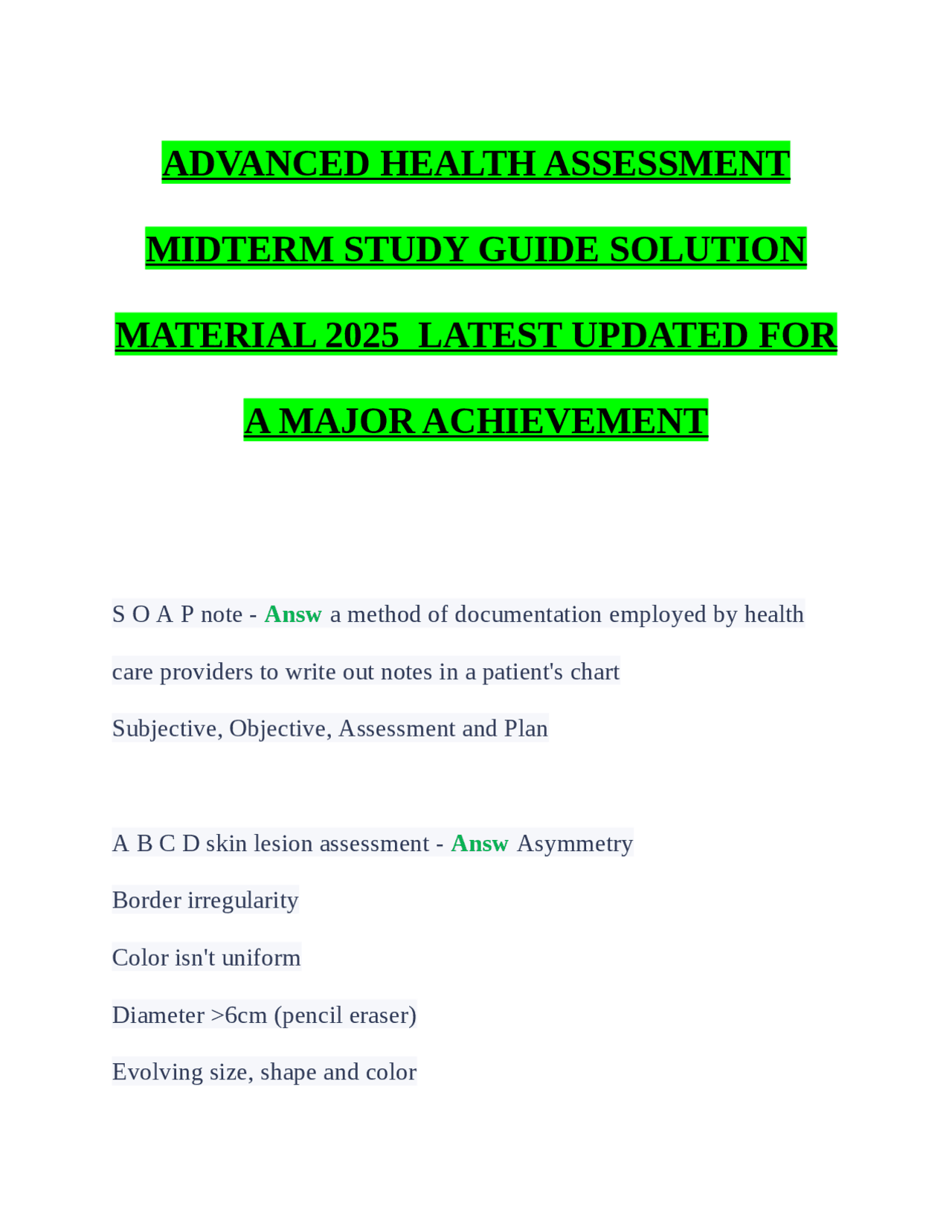 ADVANCED HEALTH ASSESSMENT MIDTERM STUDY GUIDE SOLUTION MATERIAL 2025 ...