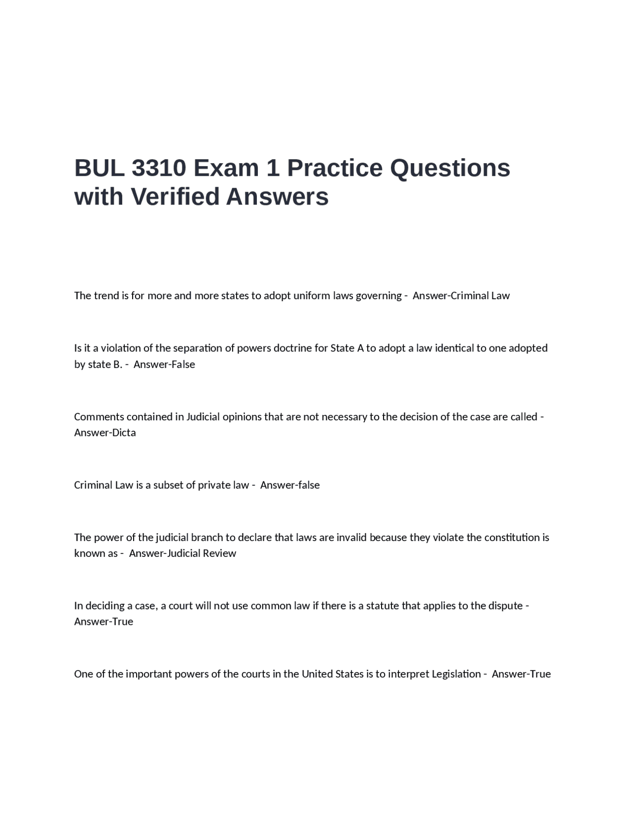 BUL 3310 Exam 1 Practice Questions with Verified Answers: Legal ...