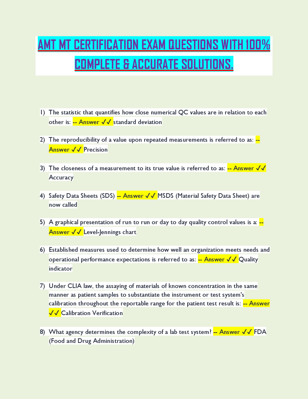 AMT MT CERTIFICATION EXAM QUESTIONS WITH 100% COMPLETE & ACCURATE ...