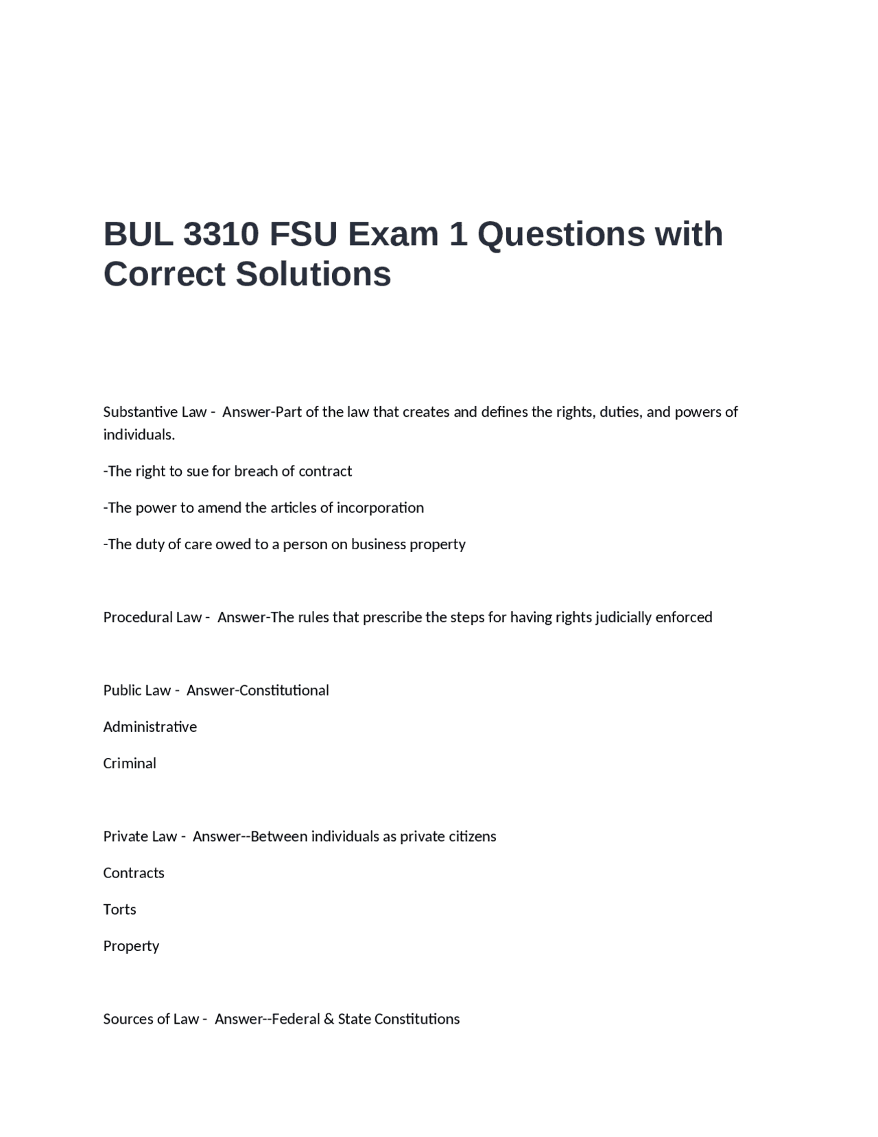 BUL 3310 FSU Exam 1: Substantive, Procedural Law, and Concepts | Exams ...