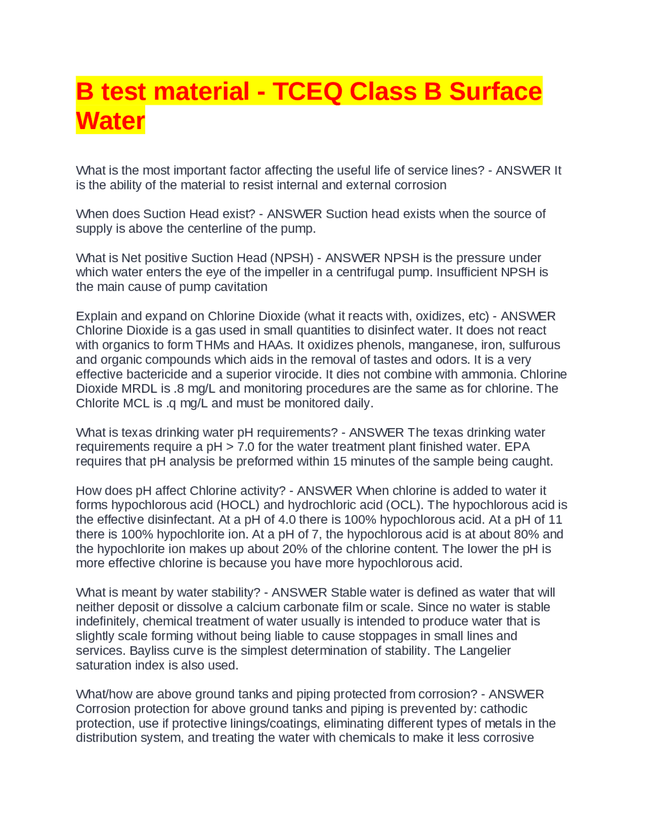 Tceq Rata Testing B test material - TCEQ Class B Surface Water | Exams Water and ...