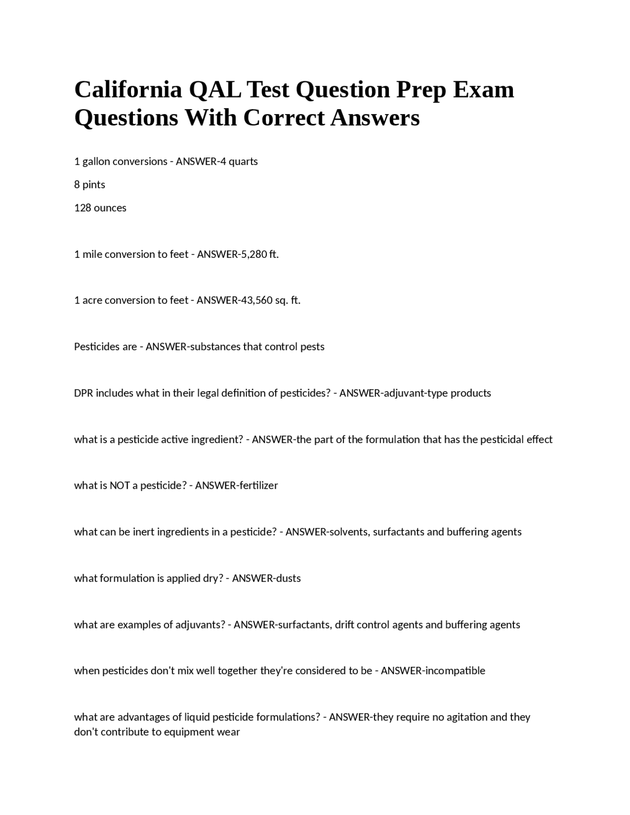 California QAL Test Question Prep Exam: Pesticide Regulations and Conversions | Exams ...