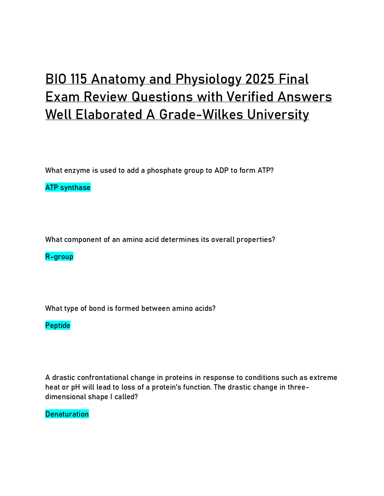 BIO 115 Anatomy and Physiology 2025 Final Exam Review Questions with ...