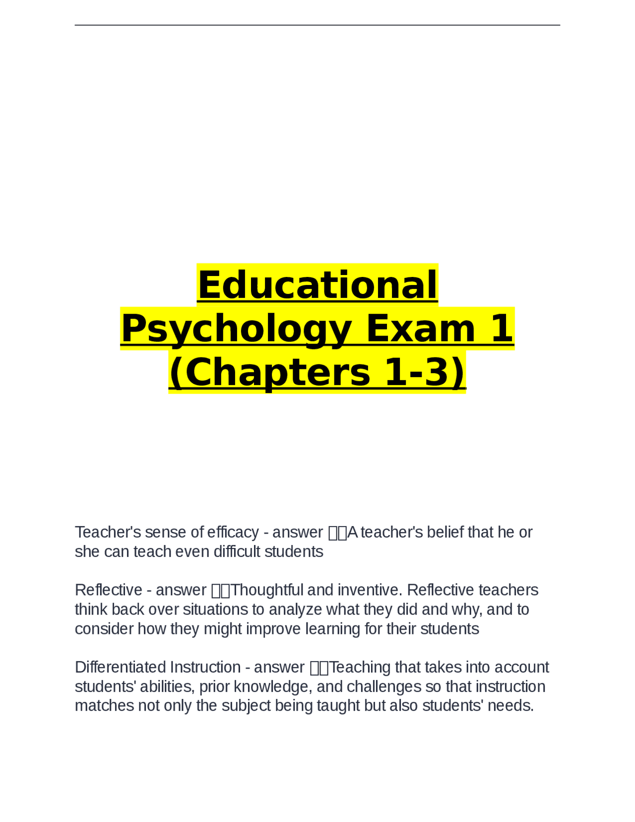 Educational Psychology Exam 1 (Chapters 1-3).docx | Exams Nursing | Docsity