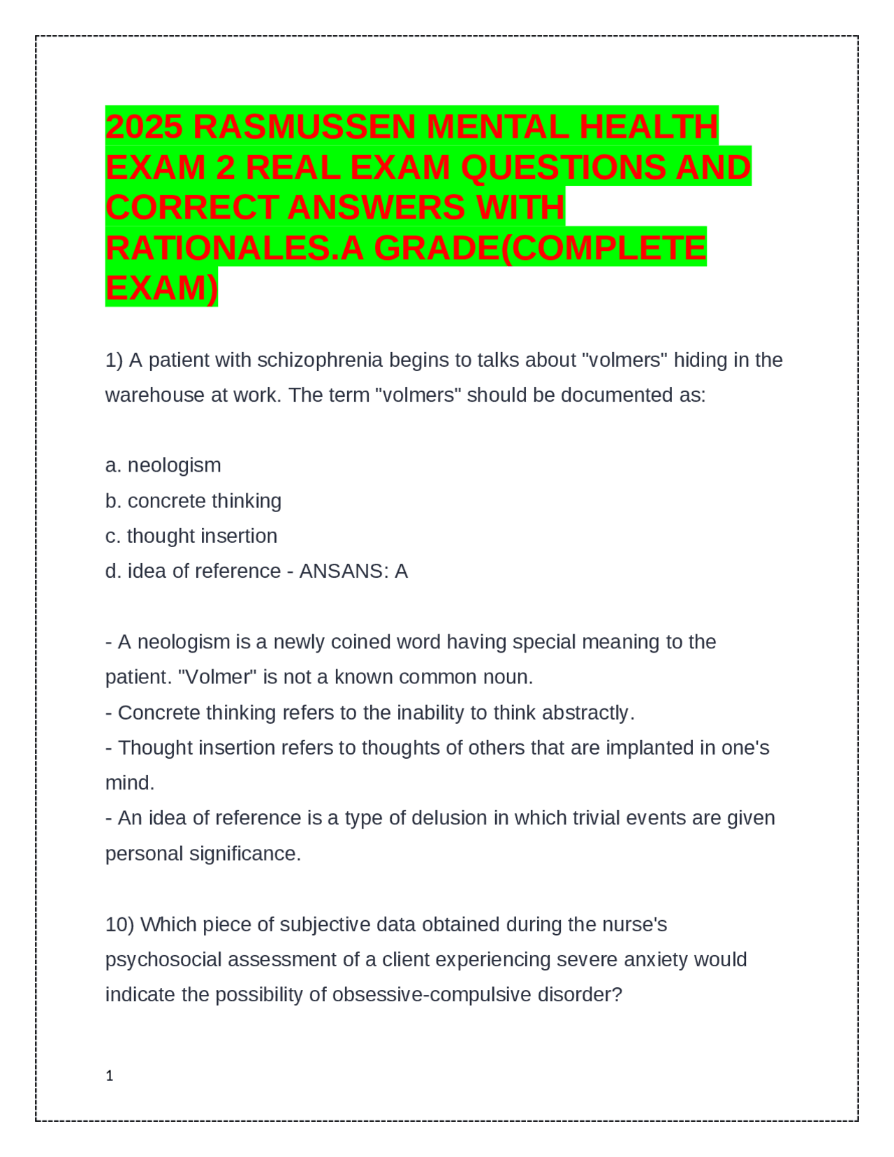 Rasmussen Mental Health Exam 2: Real Exam Questions and Answers with ...
