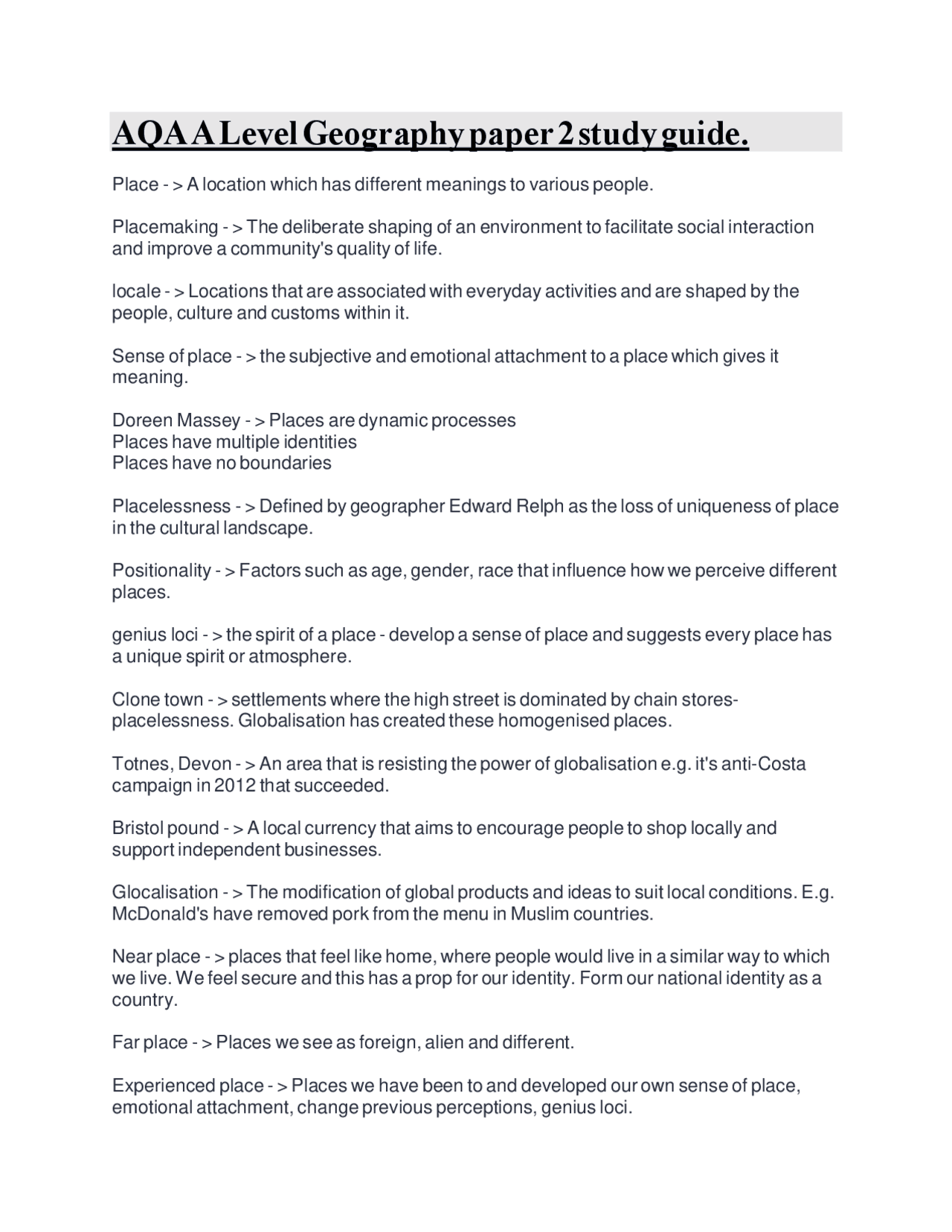 AQA A Level Geography Paper 2 Study Guide: Place, Identity, and ...