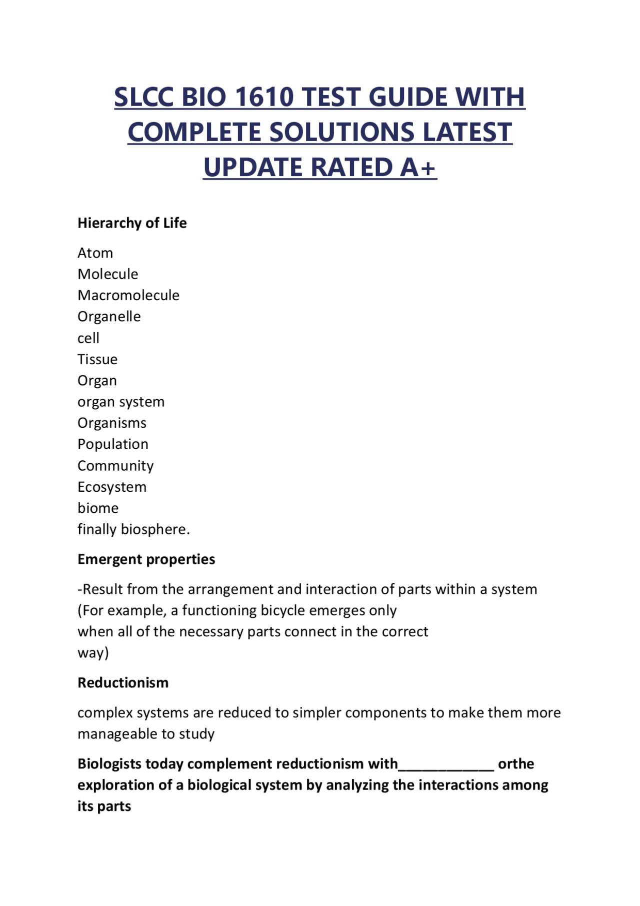 SLCC BIO 1610 TEST GUIDE WITH COMPLETE SOLUTIONS LATEST UPDATE RATED A+ ...