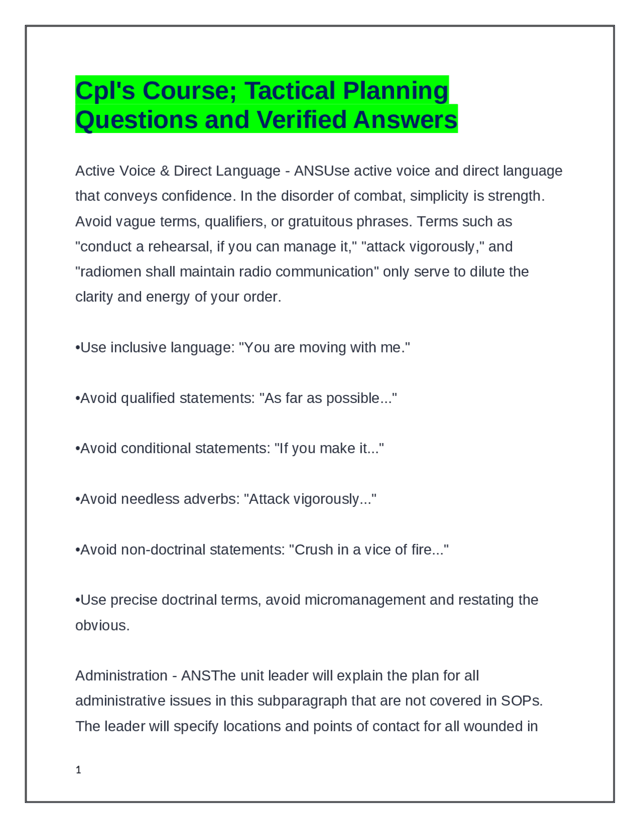 Questions Tactical Tactical Planning: Questions and Answers for Military Leaders | Exams ...