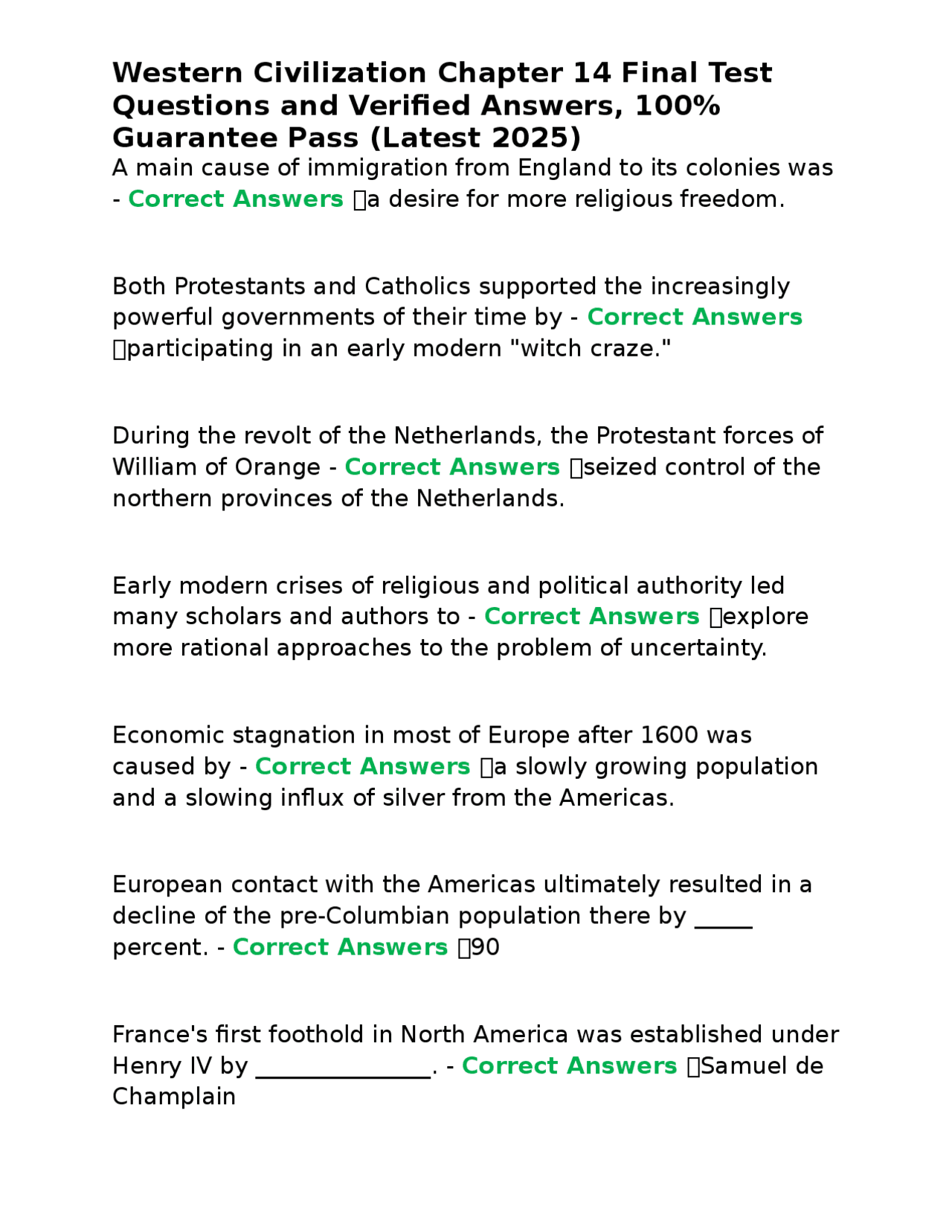 Western Civilization Chapter 14 Final Test: Multiple Choice Questions ...