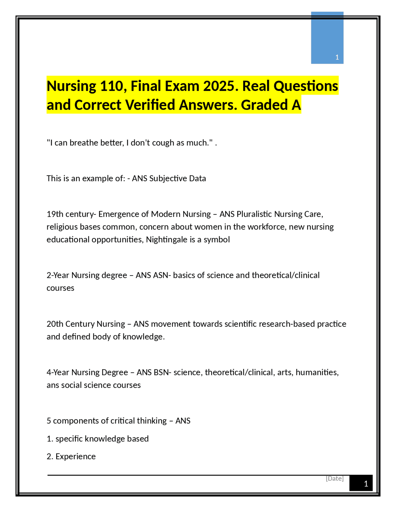 Nursing 110 Final Exam Study Guide: Key Concepts and Definitions ...