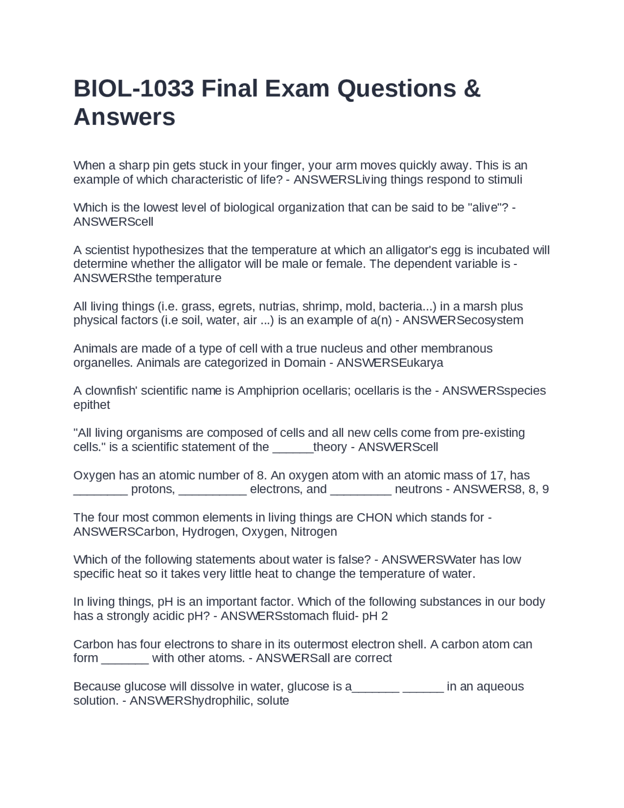 BIOL-1033 Final Exam: Biology Key Concepts Review | Exams Nursing | Docsity