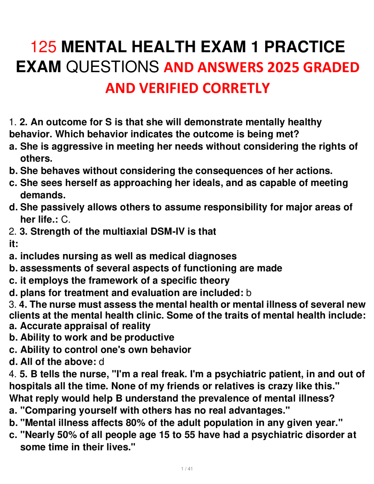 125 MENTAL HEALTH EXAM 1 PRACTICE EXAM QUESTIONS AND ANSWERS 2025 ...
