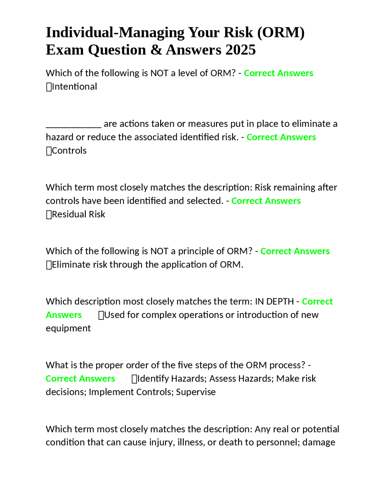Core Om Risk Questions Individual-Managing Your Risk (ORM) Exam Questions and Answers | Exams ...