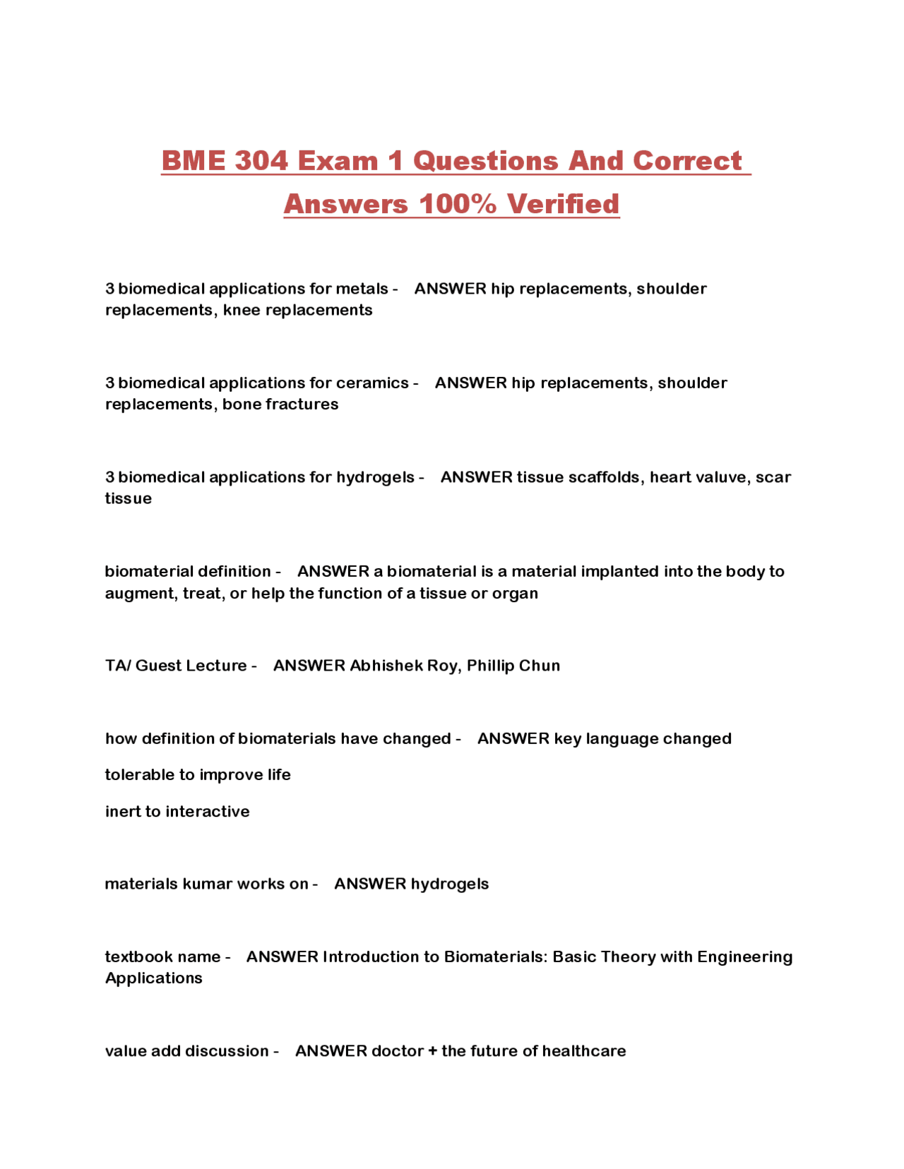 BME 304 Exam 1 Questions and Answers: Biomedical Engineering ...