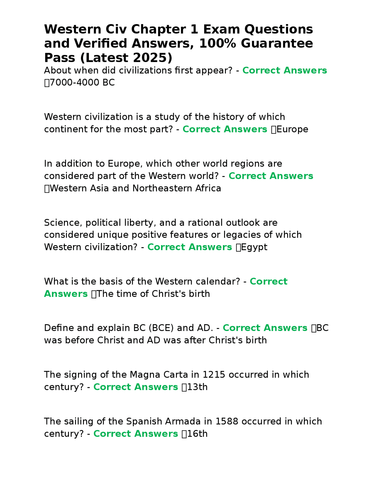 Western Civilization Chapter 1 Exam Questions and Answers | Exams ...
