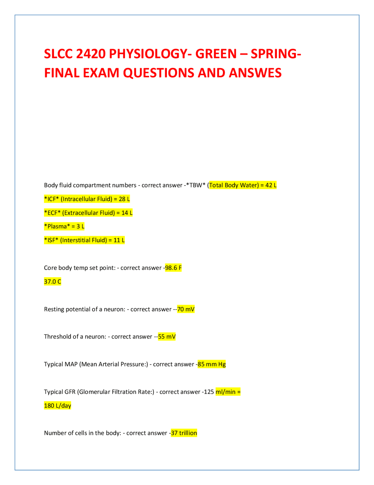 SLCC 2420 Physiology Spring Final Exam Questions and Answers | Exams ...