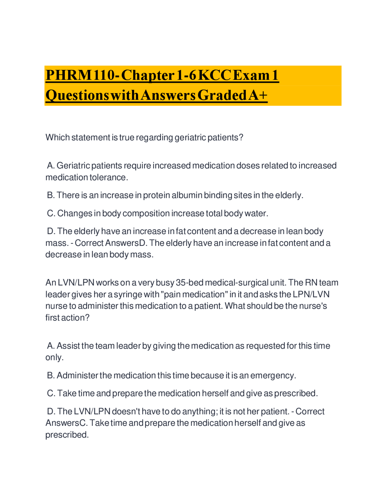 PHRM 110 Exam 1: Chapter 1-6 KCC Questions and Answers | Exams Nursing ...