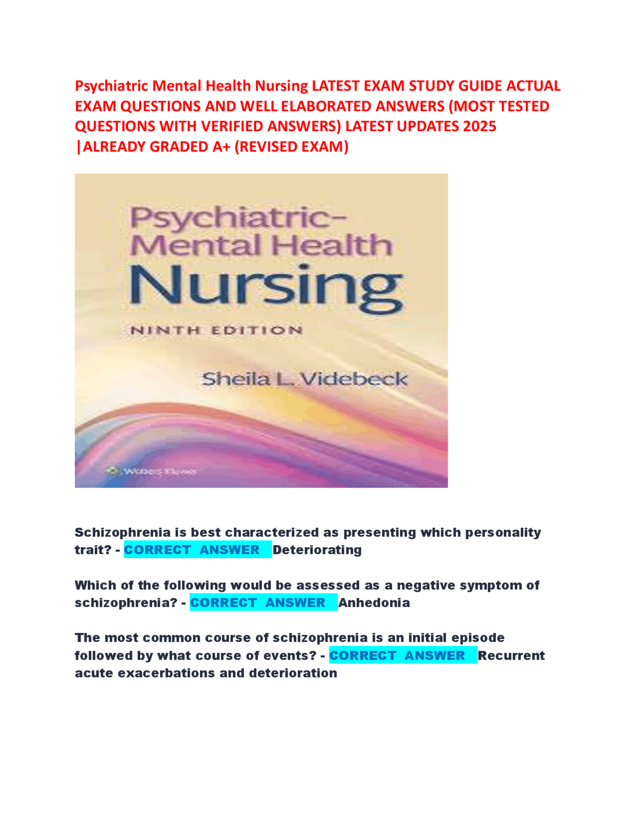 Psychiatric Mental Health Nursing Exam Study Guide: Schizophrenia ...