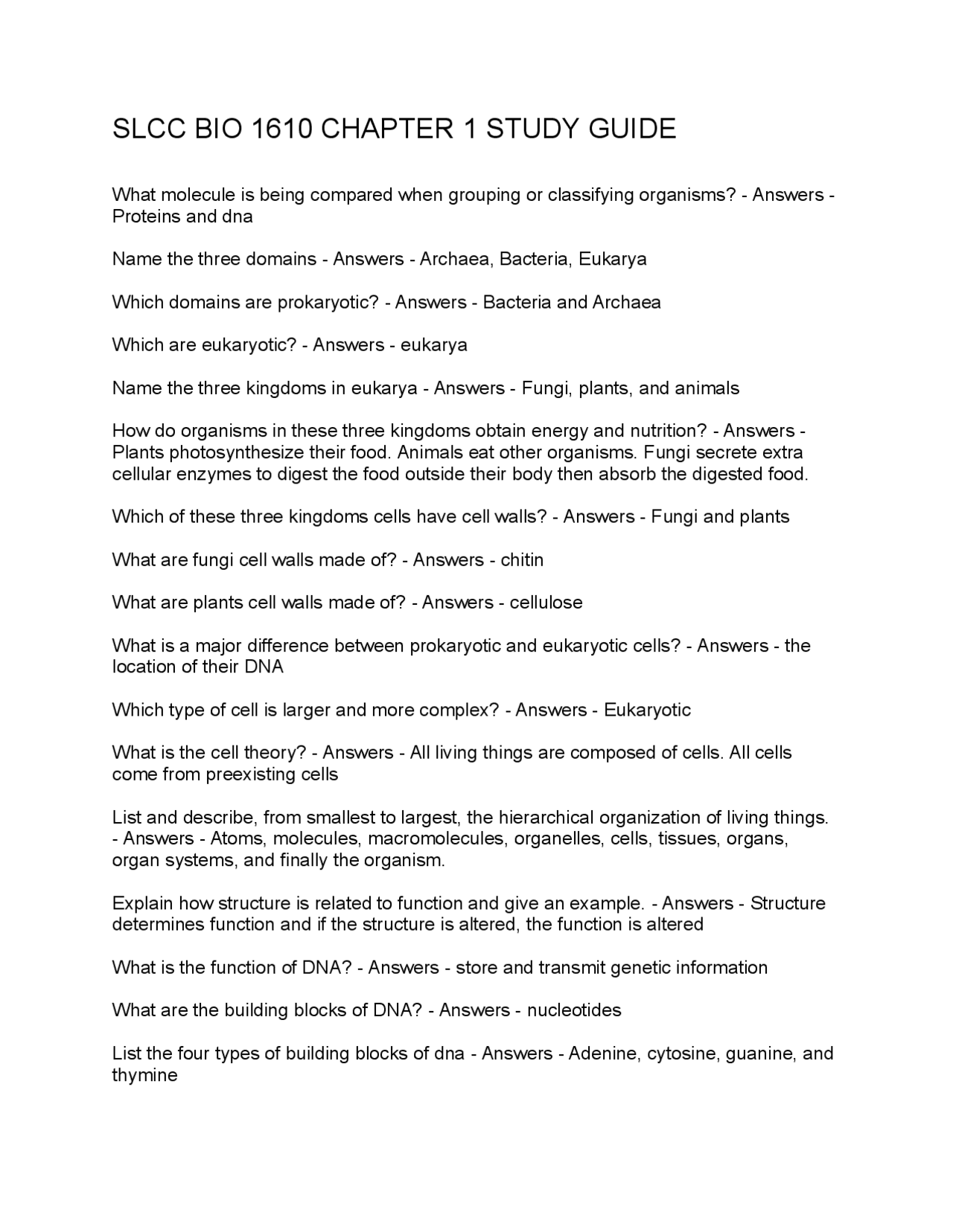 SLCC BIO 1610 CHAPTER 1 STUDY GUIDE | Exams Nursing | Docsity