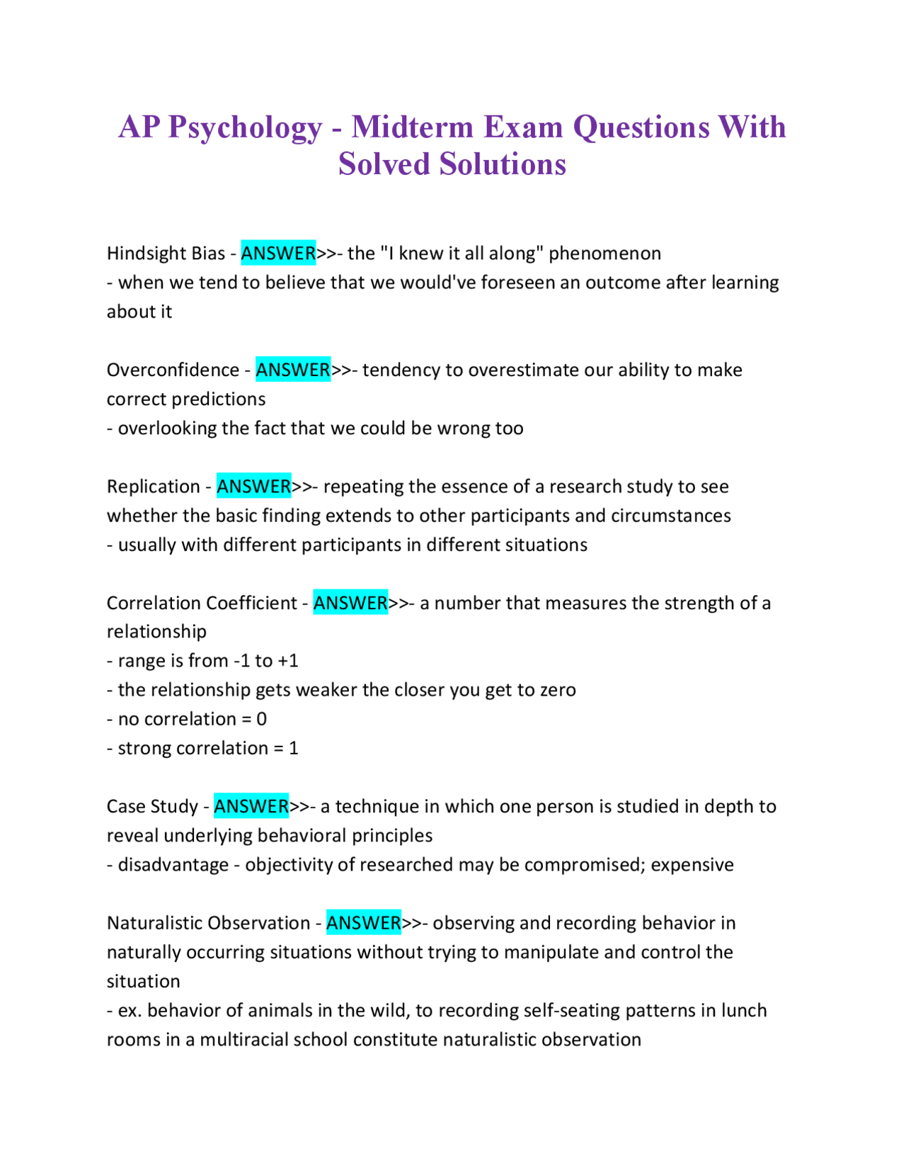 AP Psychology Midterm Exam Questions and Answers | Exams Nursing | Docsity