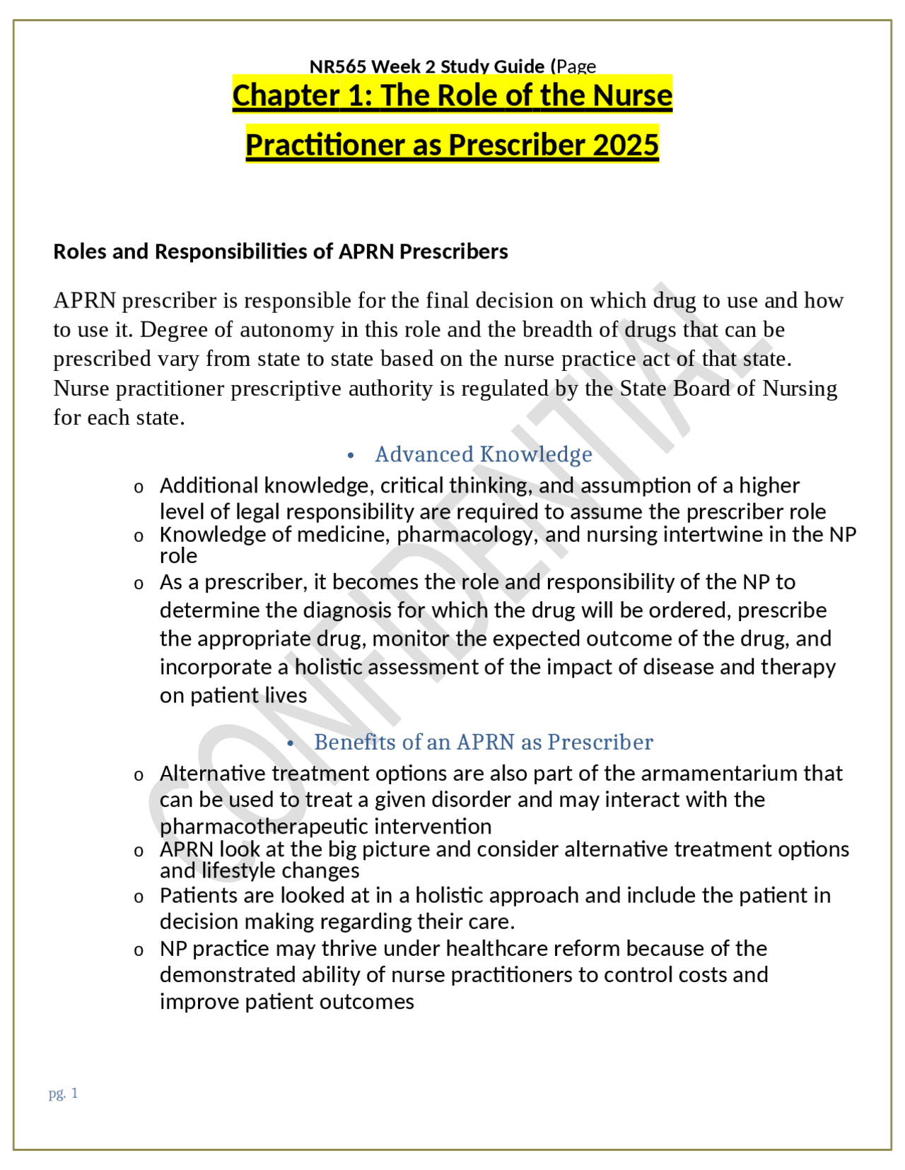 NR565 Week 2 Study Guide: The Role of the Nurse Practitioner as ...