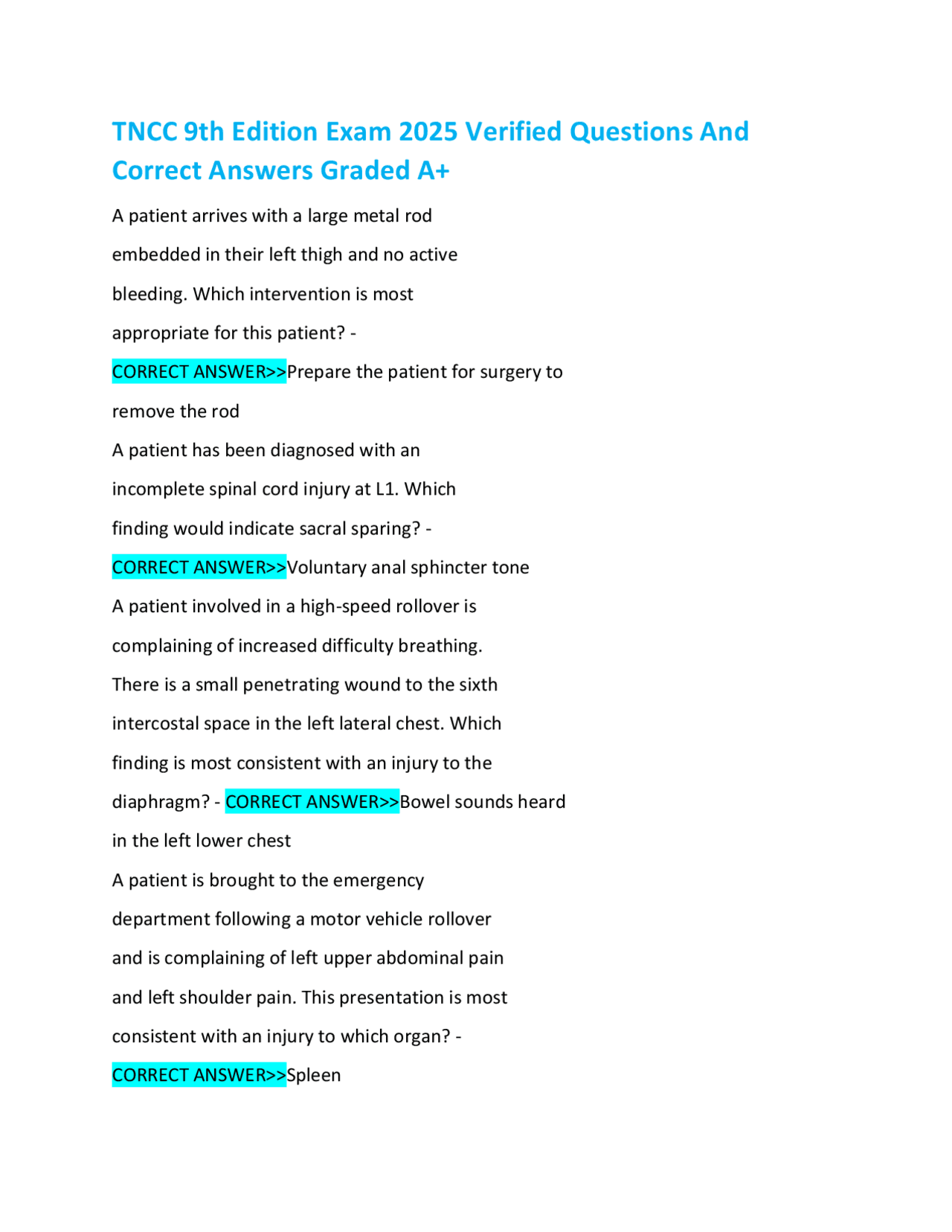 TNCC 9th Edition Exam 2025: Verified Questions and Answers | Exams