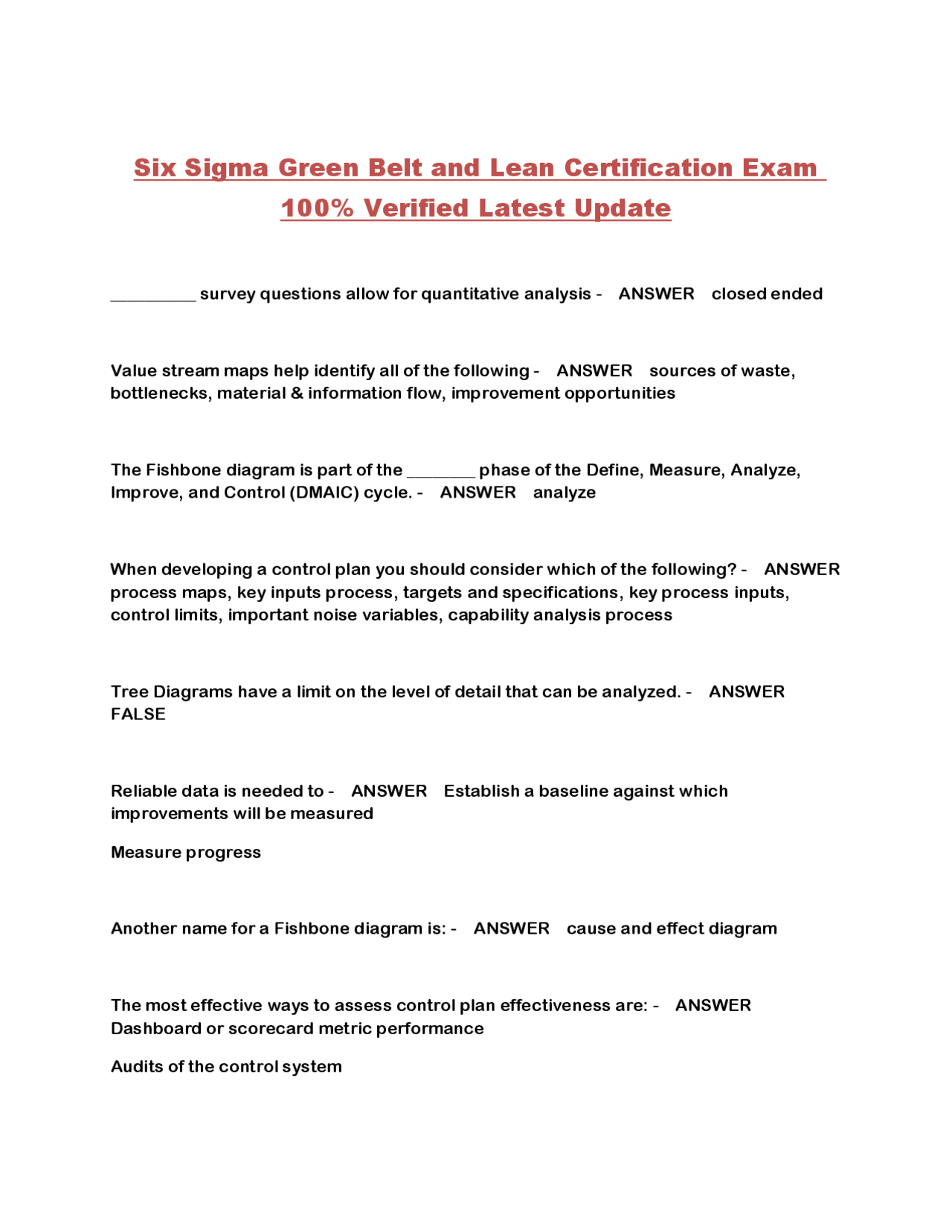 Six Sigma Green Belt and Lean Certification Exam 100% Verified Latest ...