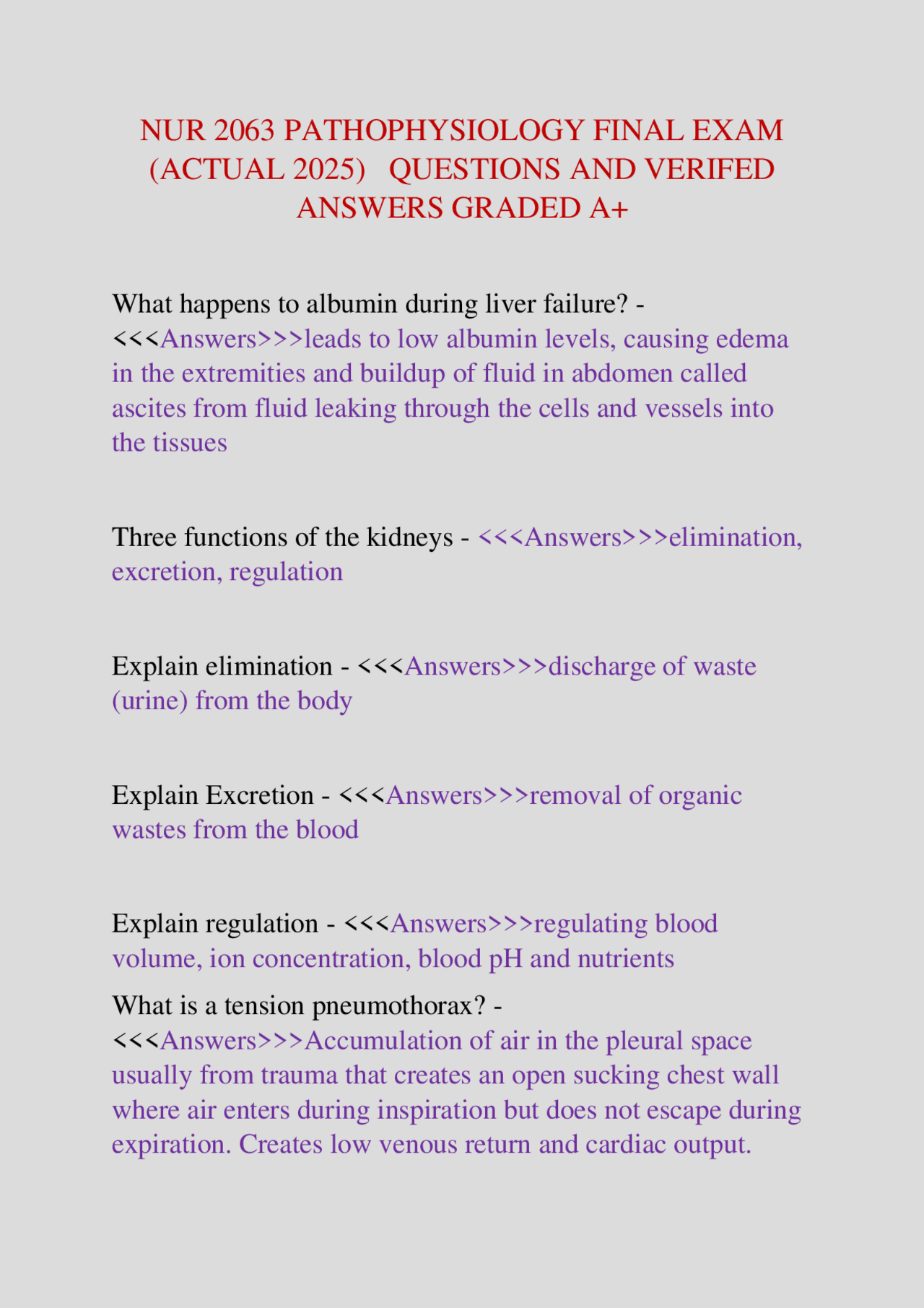 NUR 2063 Pathophysiology Final Exam: Questions and Answers | Exams ...