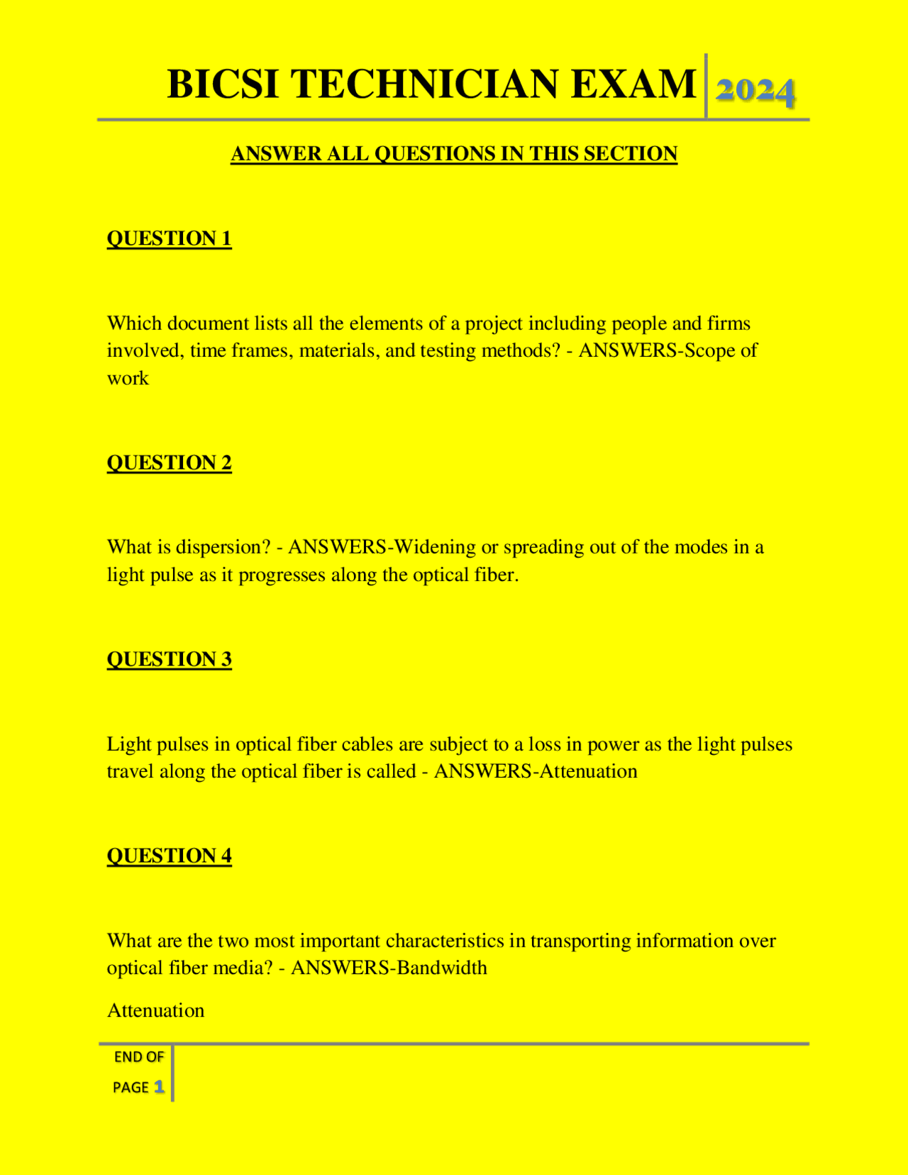 BICSI Technician Exam: Questions and Answers | Exams Engineering | Docsity