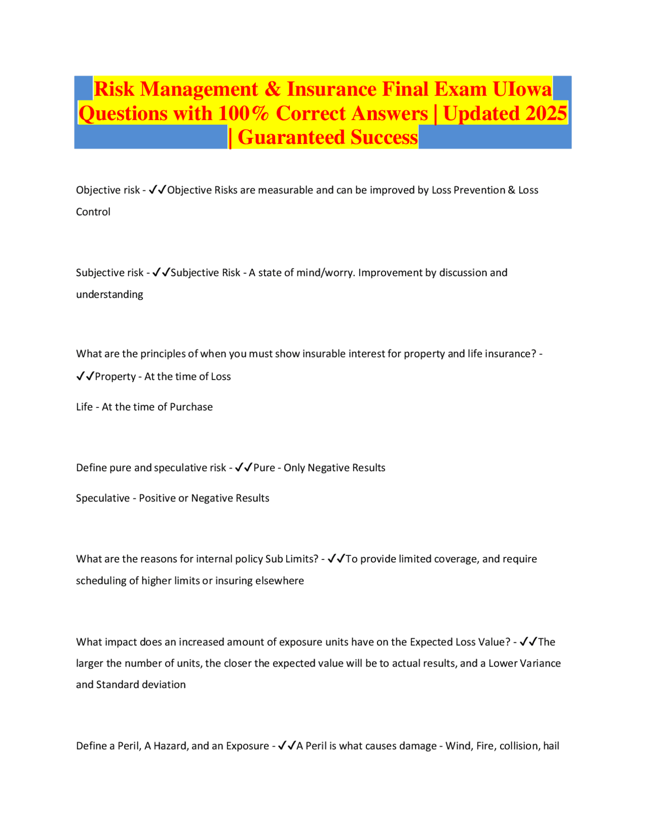 Risk Management Insurance Final Exam Uiowa Questions With Answers