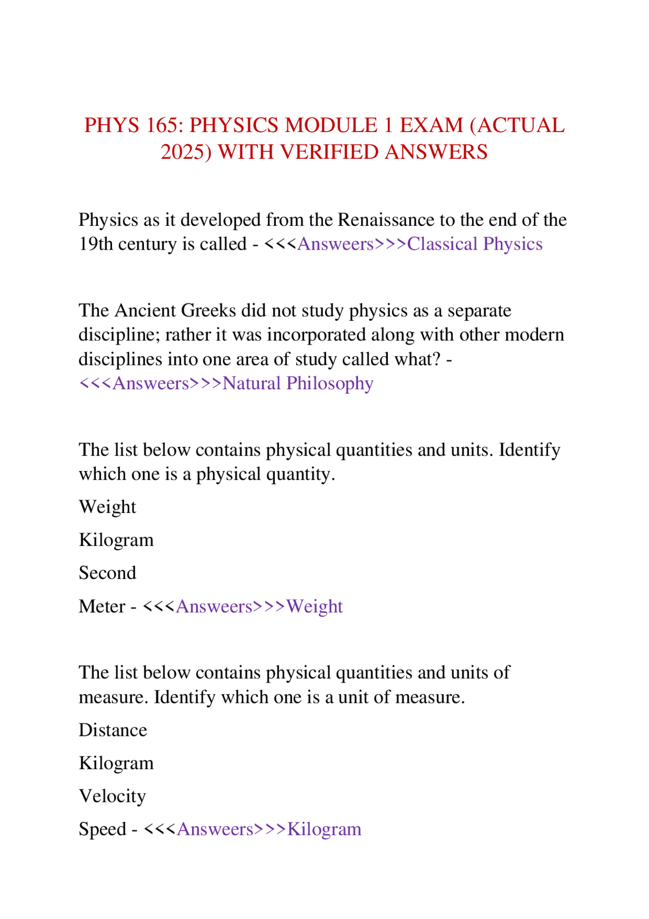 PHYS 165: Physics Module 1 Exam (2025) with Verified Answers | Exams Physics  | Docsity