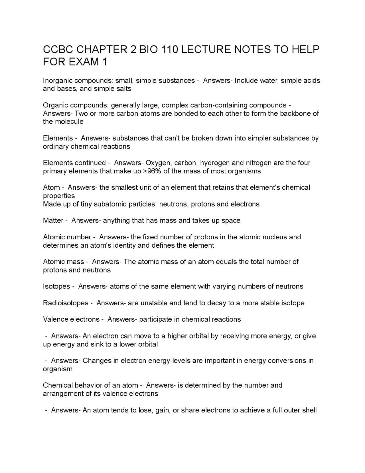 Inorganic and Organic Compounds: BIO 110 Exam 1 Notes | Exams Social ...