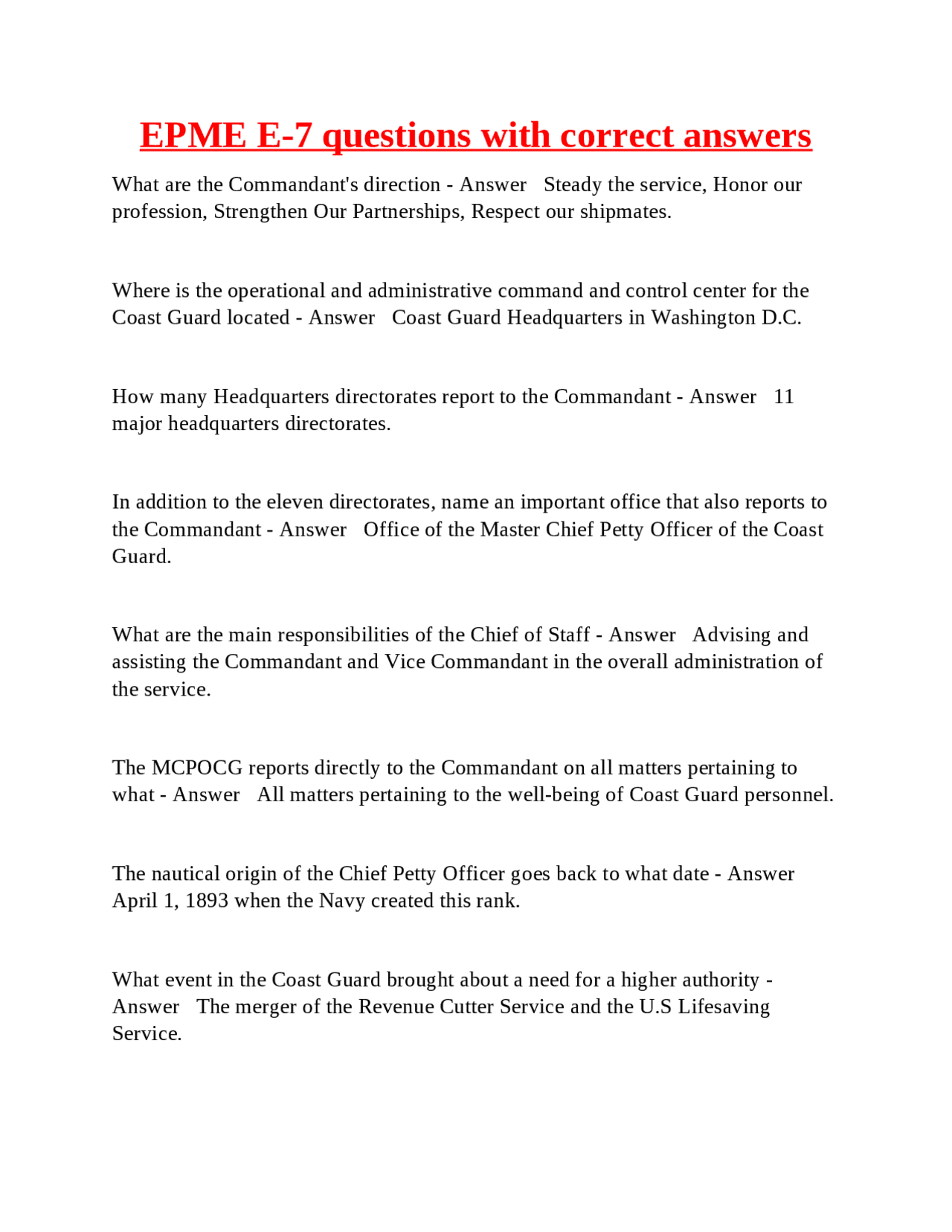 EPME E-7 Questions and Answers: A Guide to Coast Guard Leadership and ...