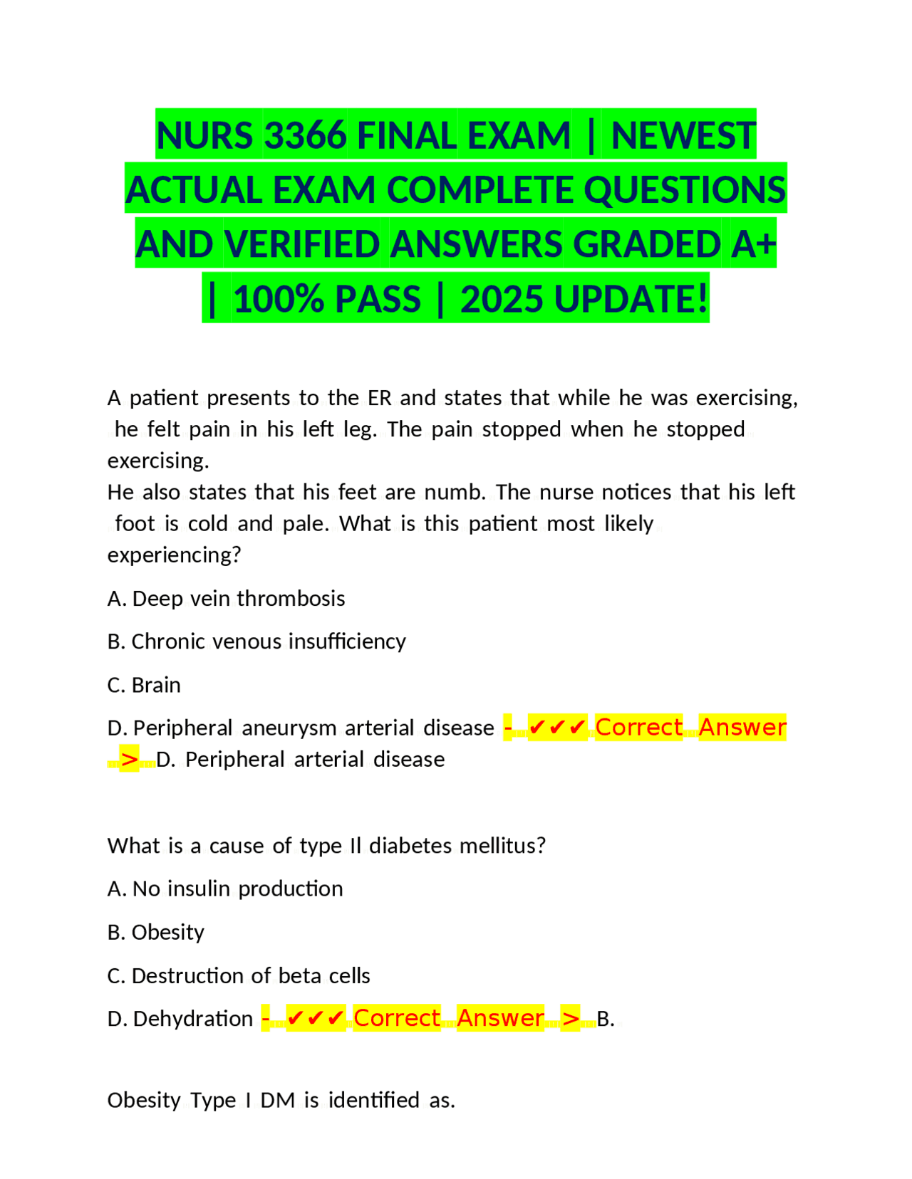 NURS 3366 Final Exam: Questions and Answers | Exams Nursing | Docsity