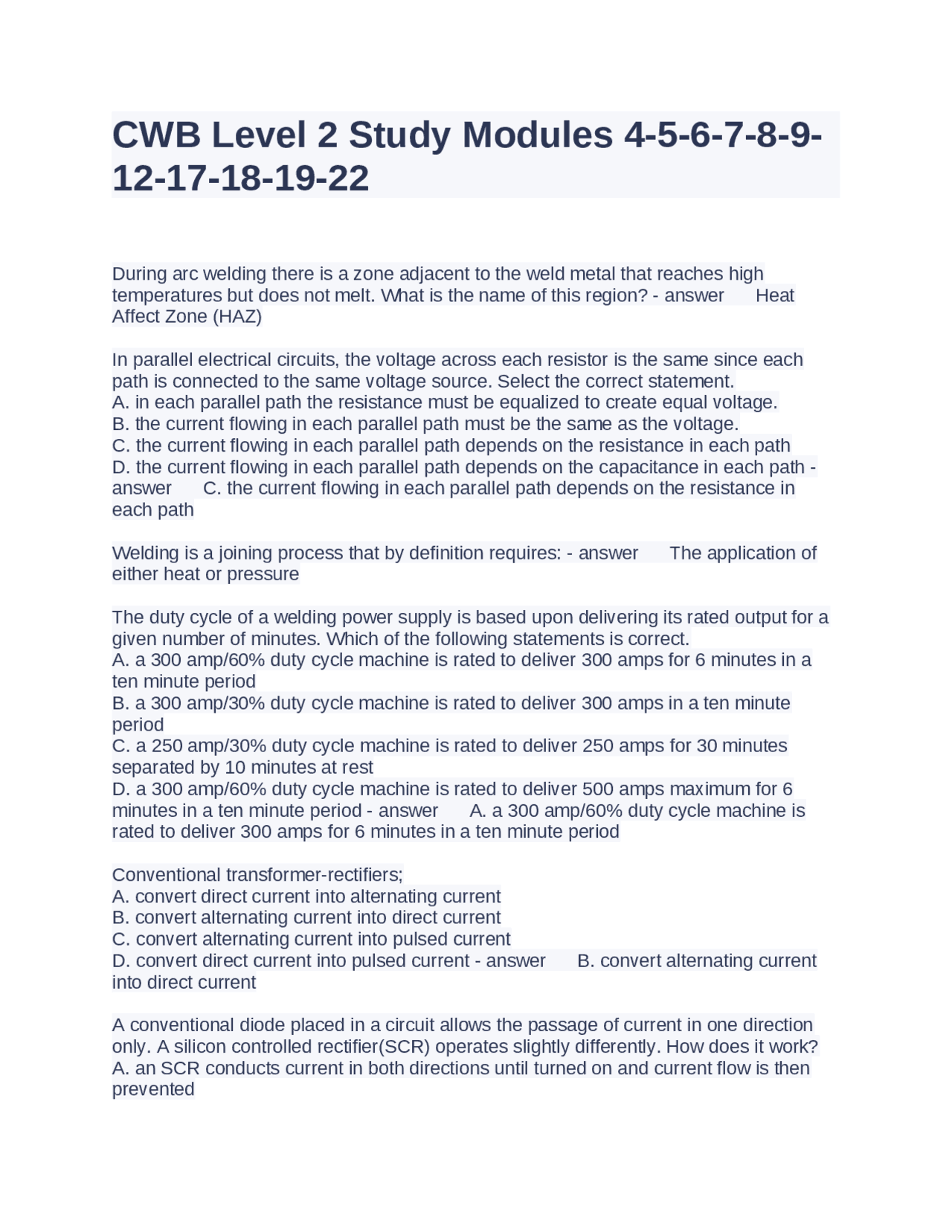 CWB Level 2 Study Modules 4-5-6-7-8-9-12-17-18-19-22 Questions and ...