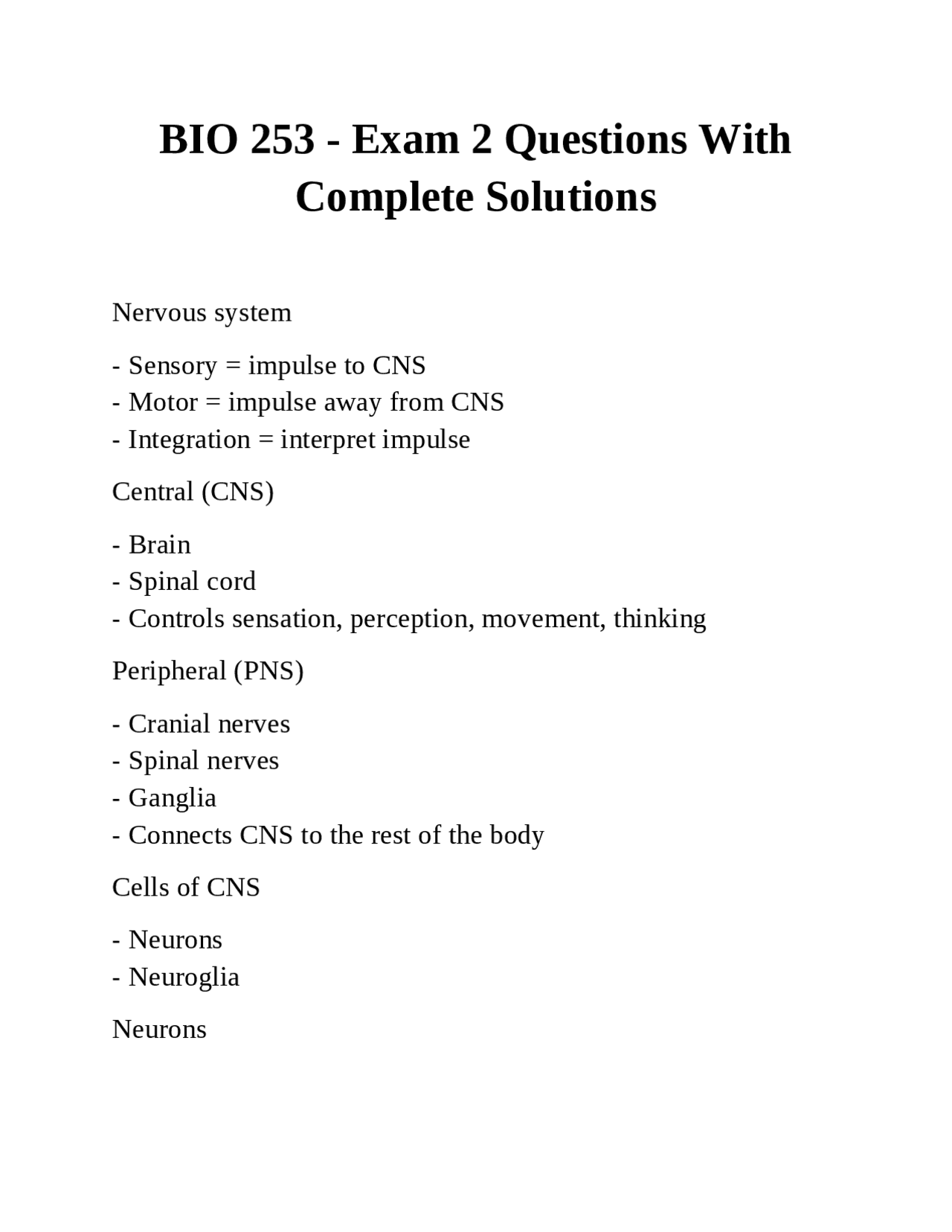 BIO 253 - Exam 2 Questions With Complete Solutions: Nervous System ...