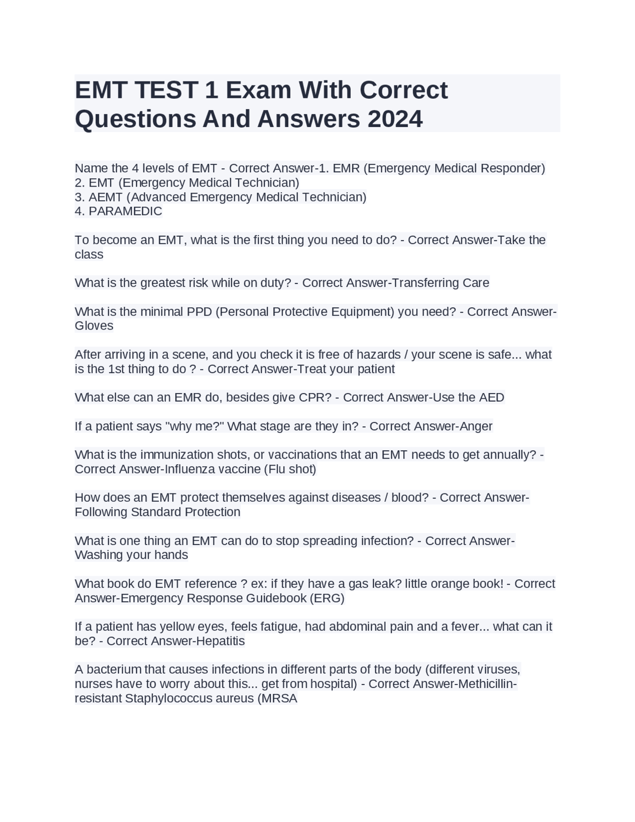 EMT TEST 1 Exam With Correct Questions And Answers 2024 | Exams ...