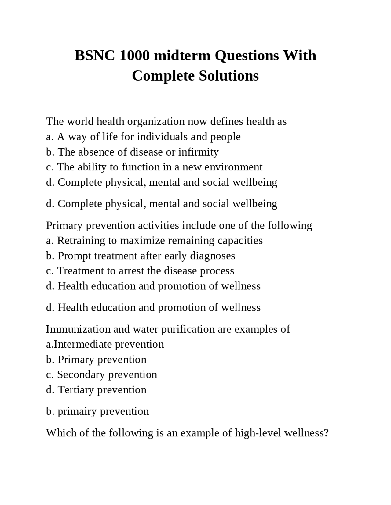 BSNC 1000 midterm Questions With Complete Solutions | Exams Nursing ...