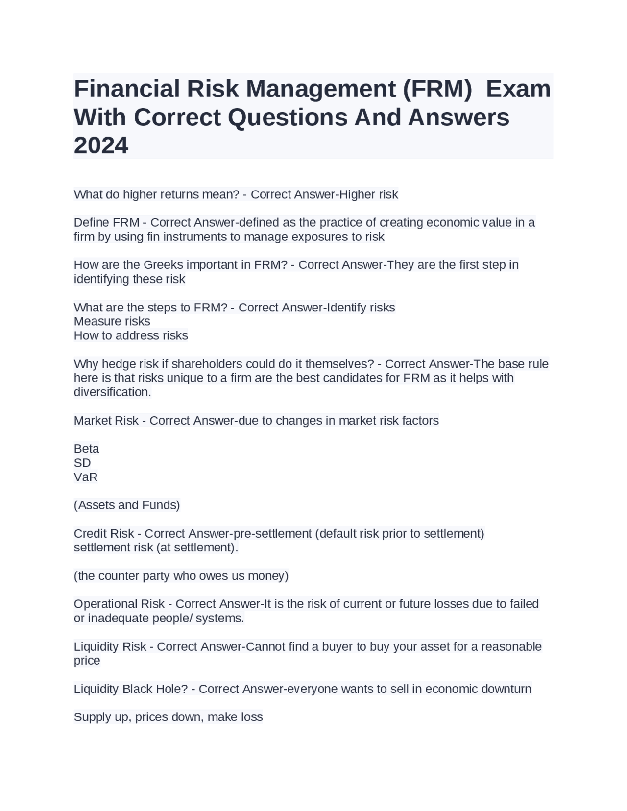 Financial Risk Management (FRM) Exam With Correct Questions And Answers ...