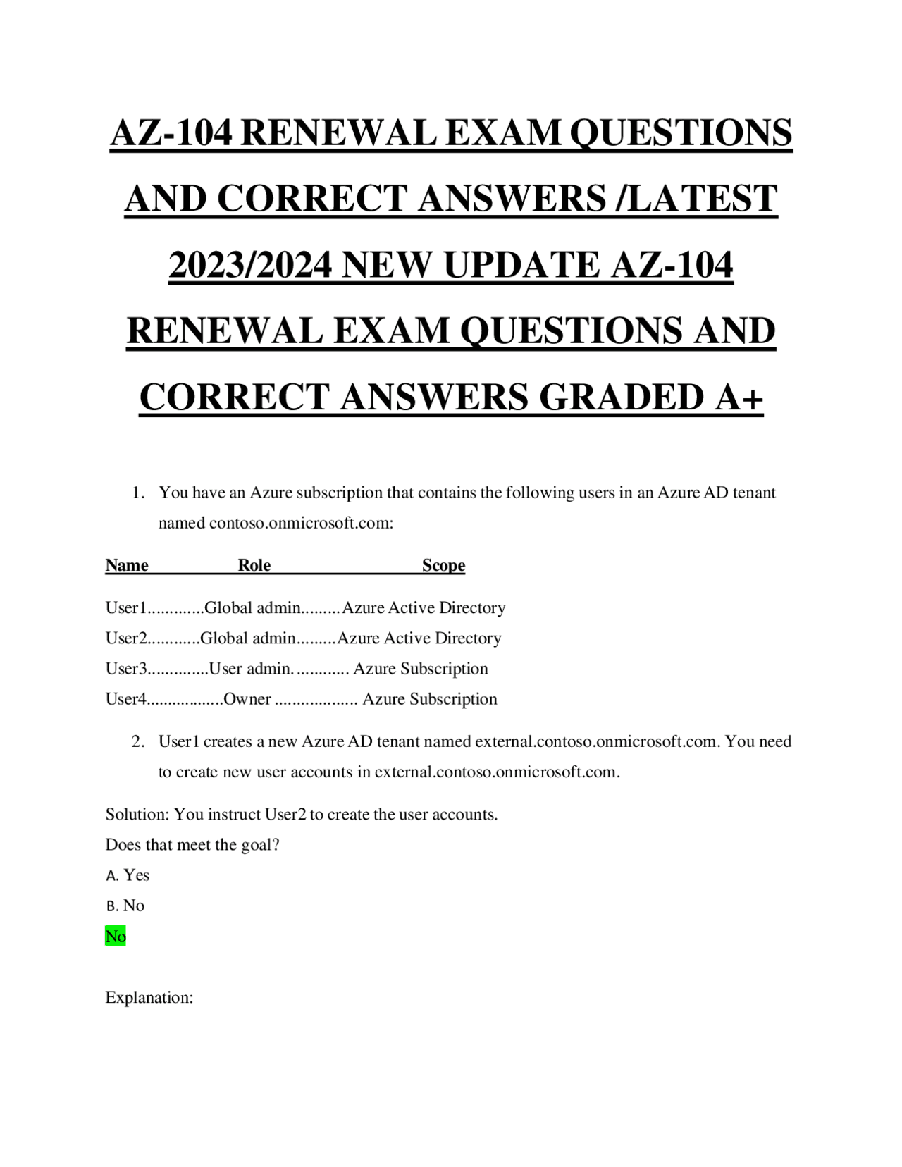 AZ-104 Renewal Exam Questions and Answers: Latest 2023/2024 Update ...