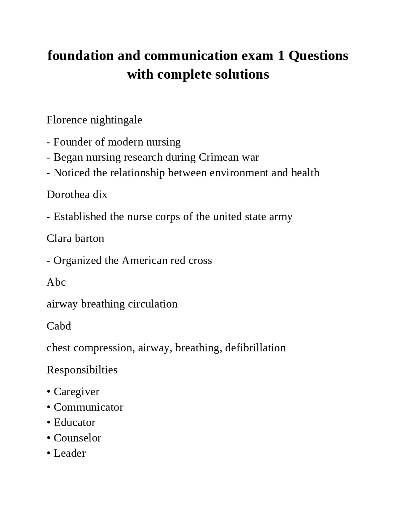 Fundamentals of Nursing: Exam 1 Questions and Solutions | Exams Nursing ...