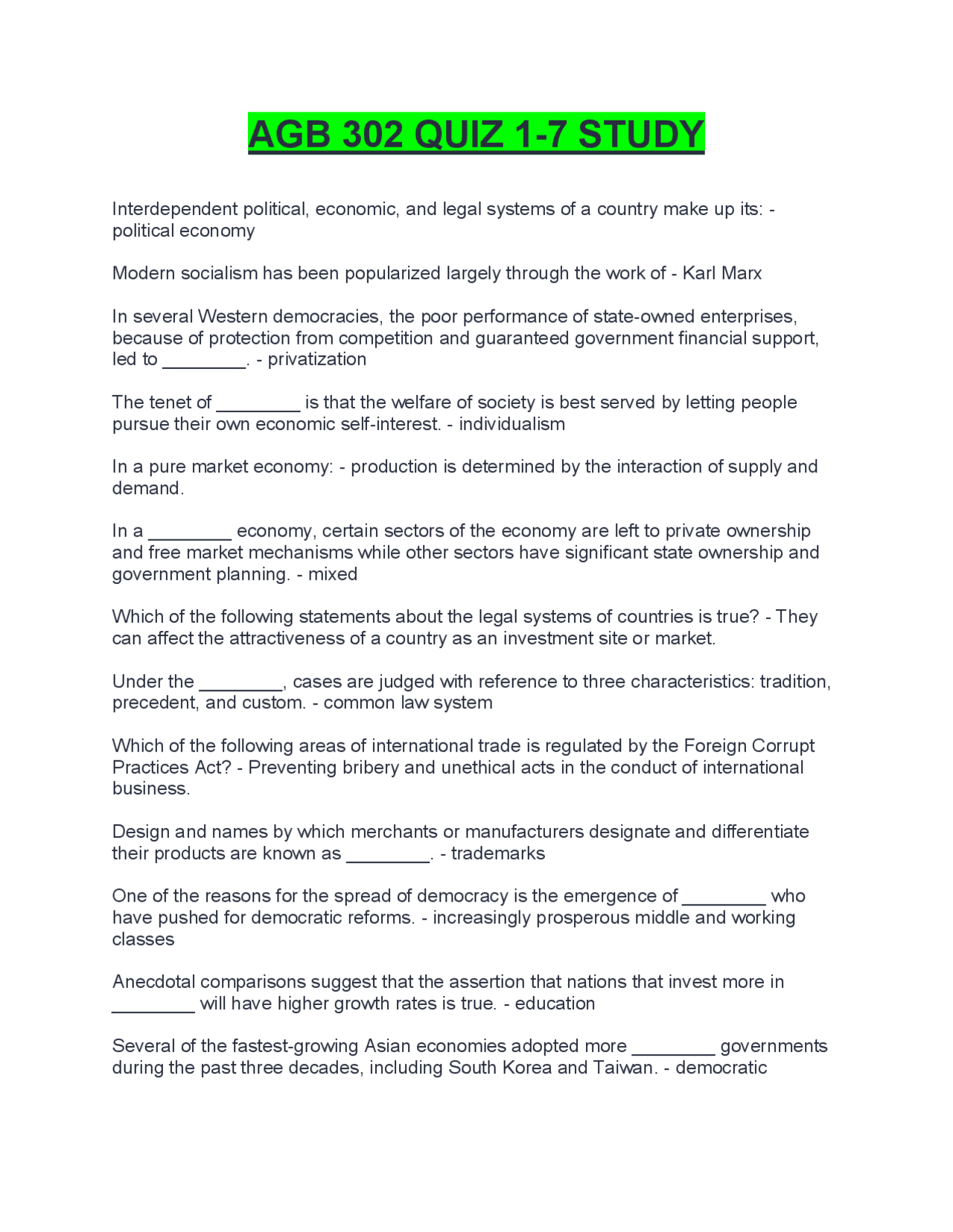 AGB 302 Quiz 1-7 Study Guide: International Business | Exercises ...